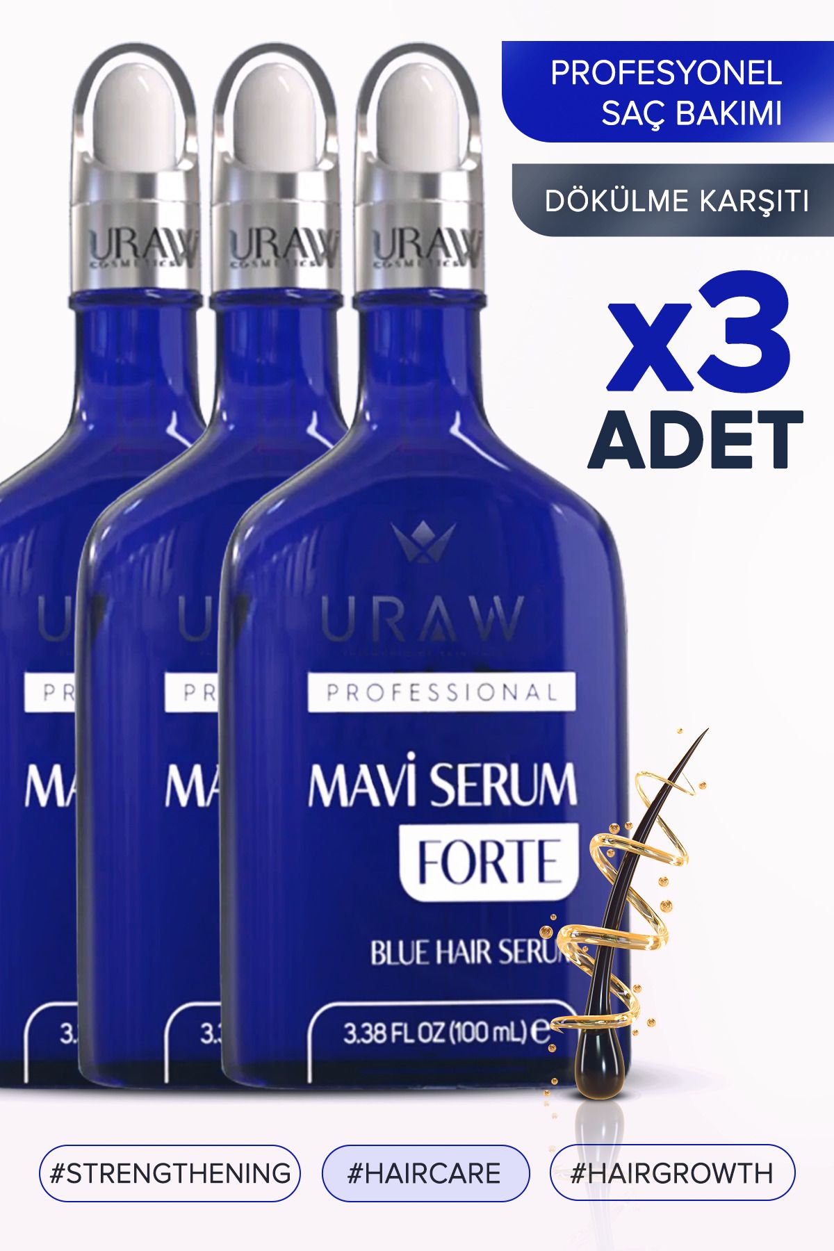 Uraw Mavi Serum Forte 3'lü Fırsat Paketi (Yeni Saç Oluşumu Sağlayan ve Dökülme Karşıtı Saç Bakım Serumu)