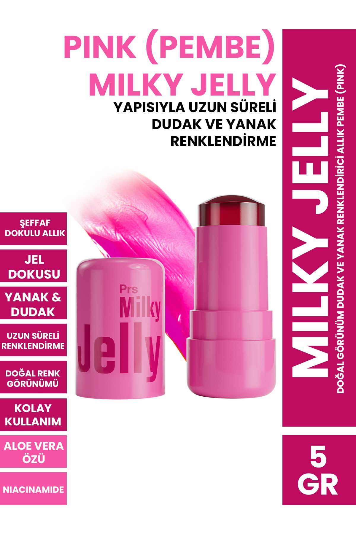 PROCSIN Milky Jelly Doğal Görünüm Dudak ve Yanak Renklendirici Allık Pembe (Pink) 5 GR