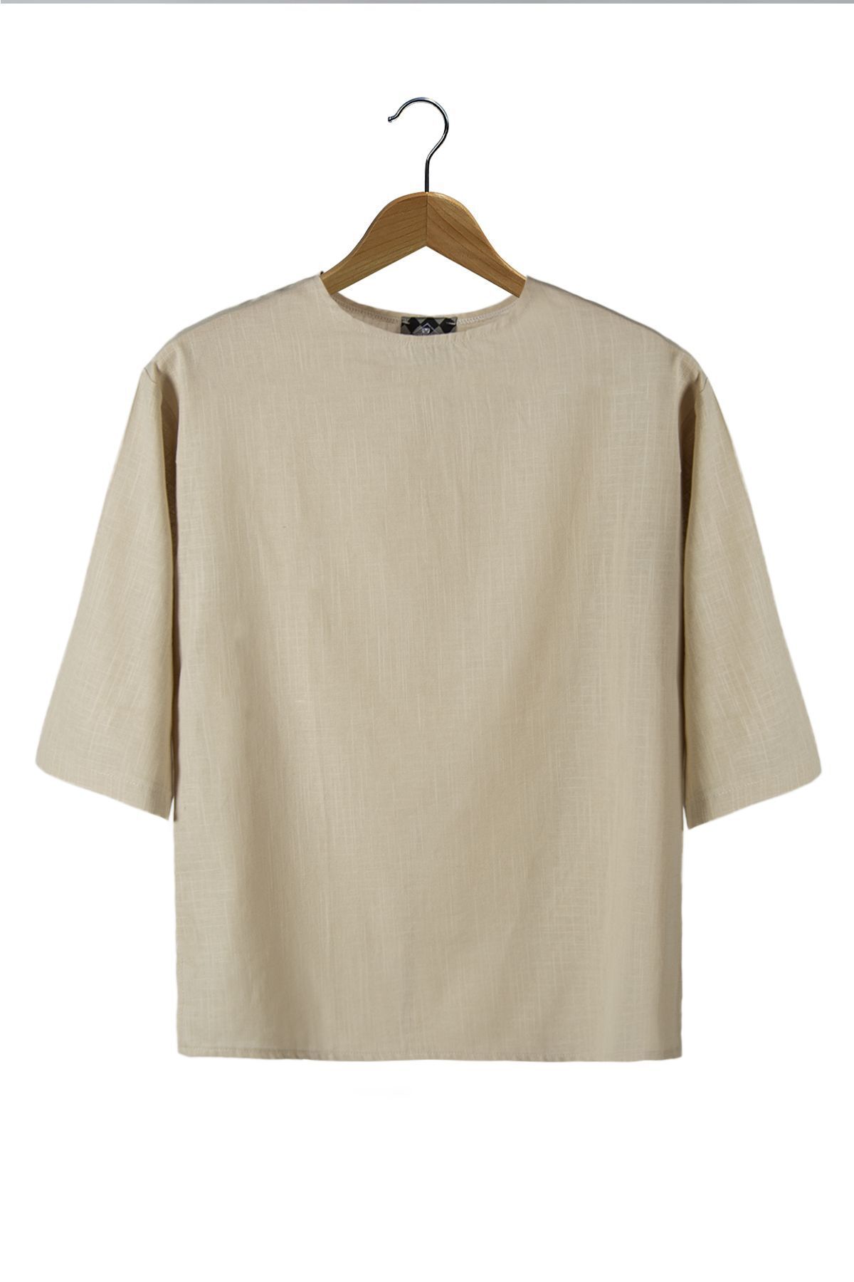 VEAVEN Erkek Krem Fakir Kol Keten T-shirt