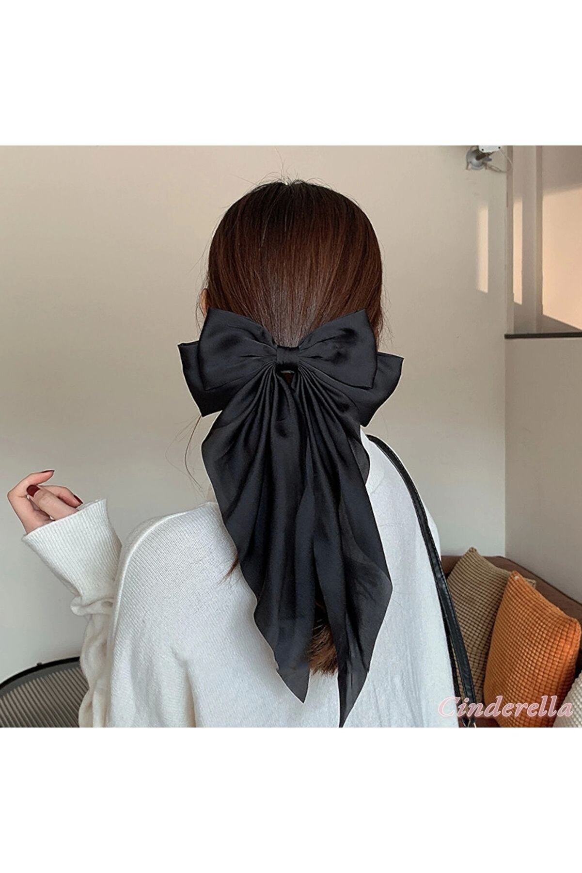 Cinderella Zarif Kadın Saten Büyük Fiyonk Otomatik Toka Siyah - Kurdele Fiyonklu Klipsli Saç Tokası