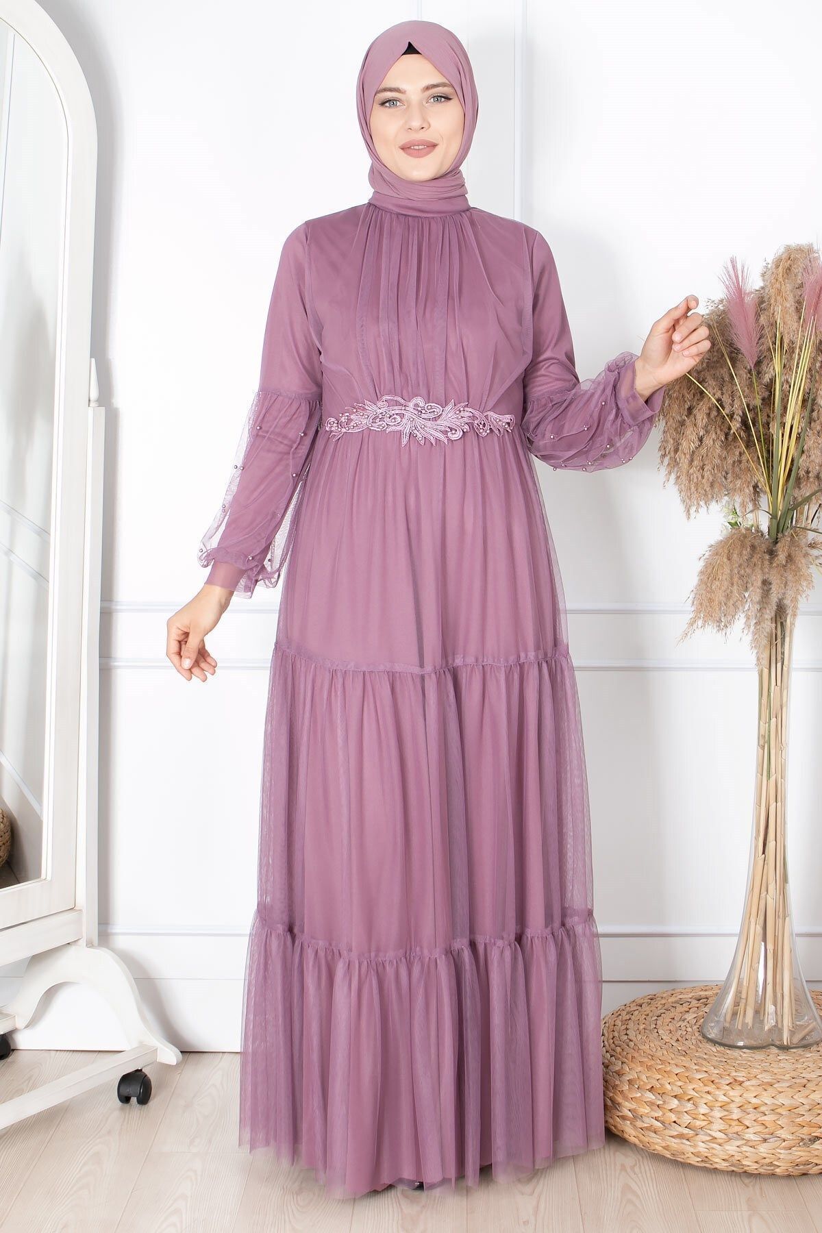 Fahima Fırfır Güpür Işlemeli Tül Abiye Lila Fhm864