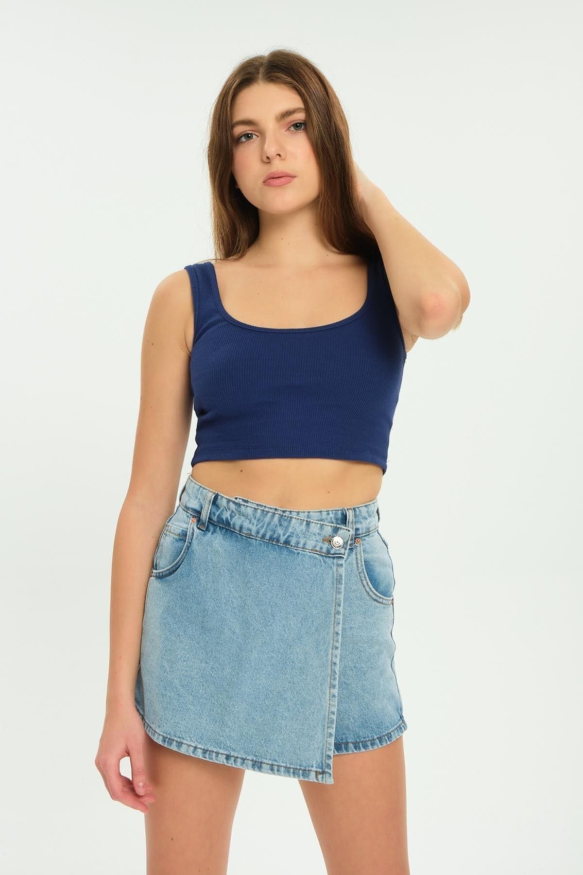 Maule Mavi Tek Düğme, Fermuarlı Denim Şort Kot Kadın Etek