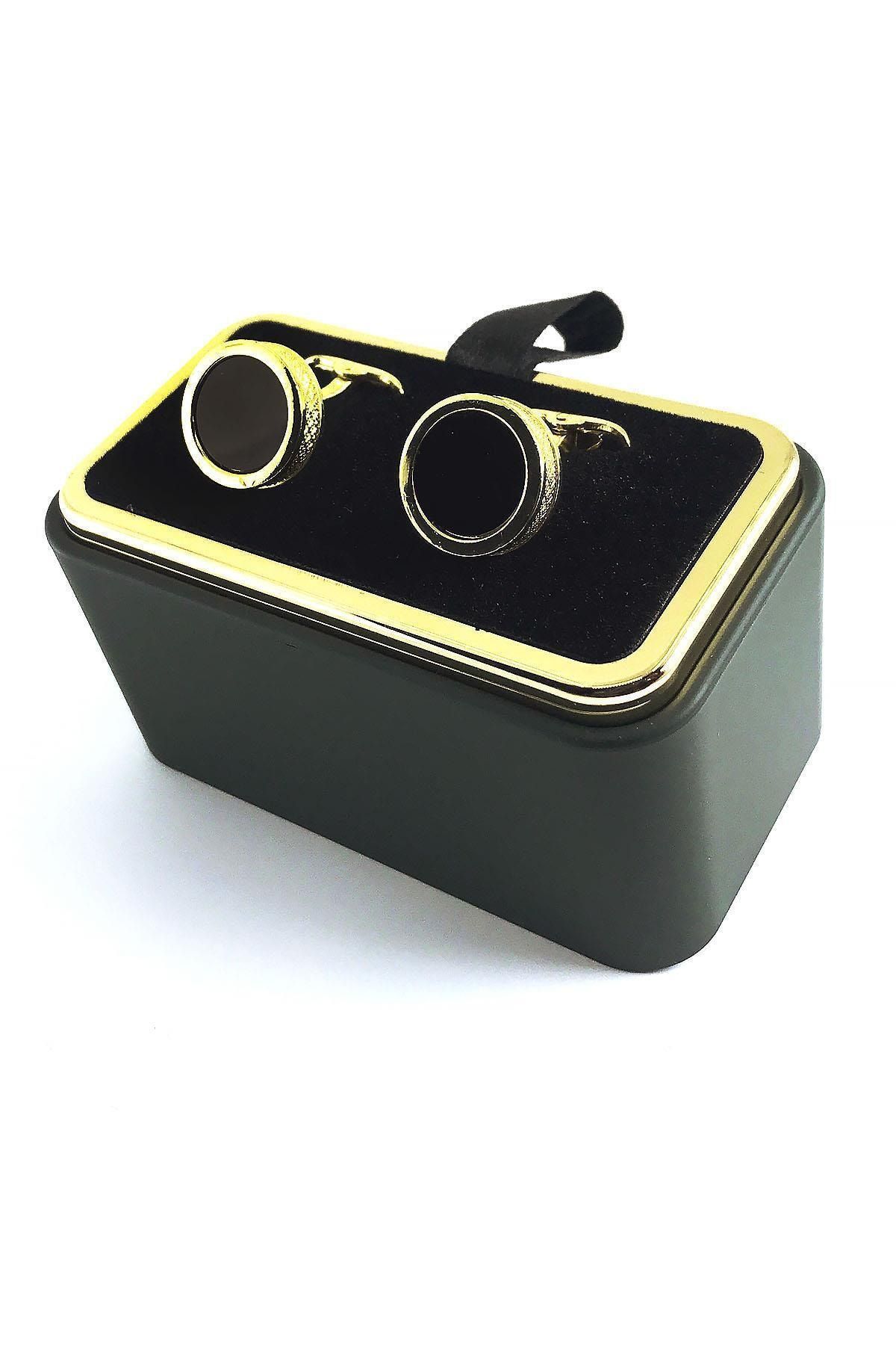 Kravatkolik Altın Renk Siyah Detay Yuvarlak Kol Düğmesi Kd1470
