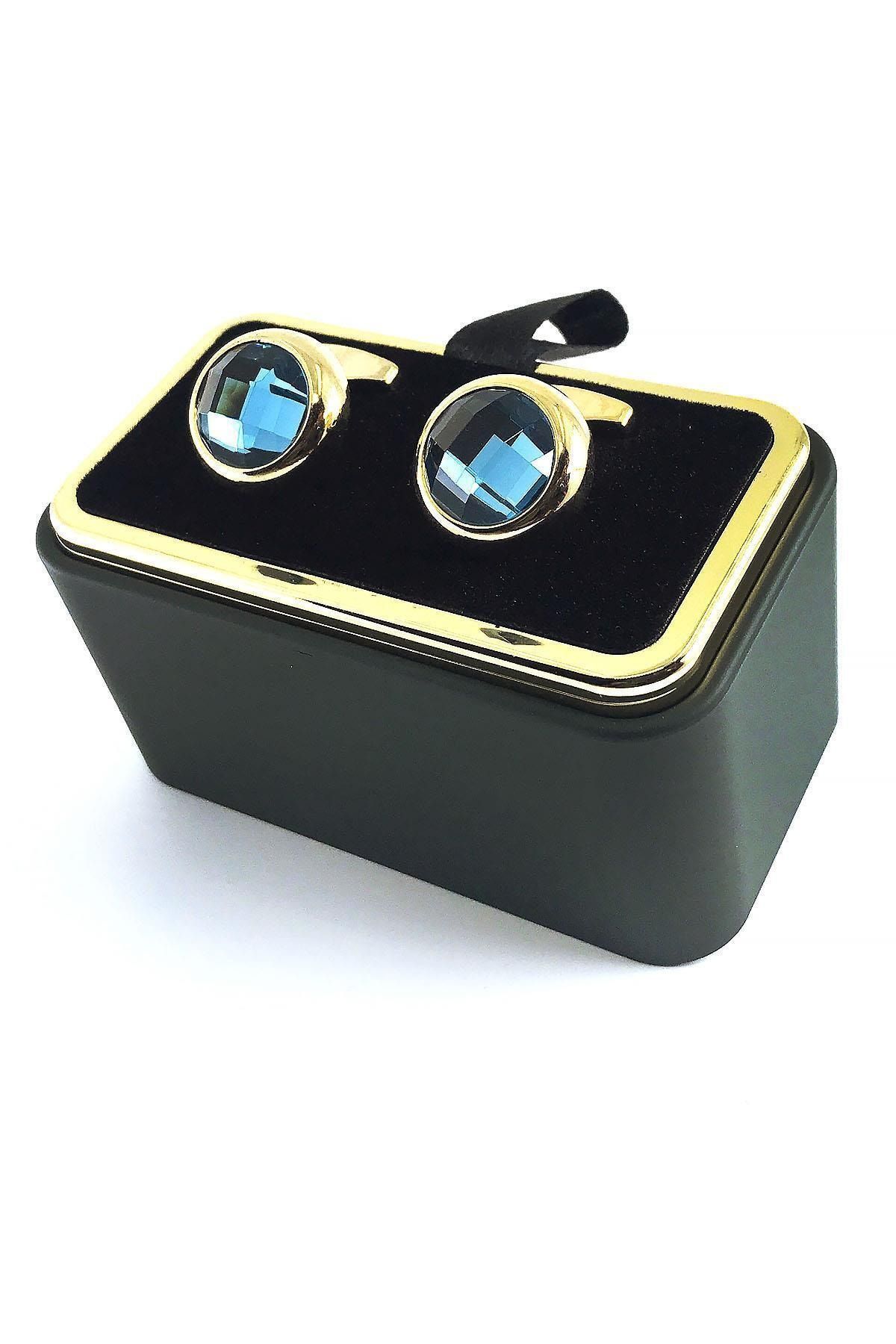 Kravatkolik Altın Renk Mavi Taşlı Yuvarlak Kol Düğmesi Kd1403