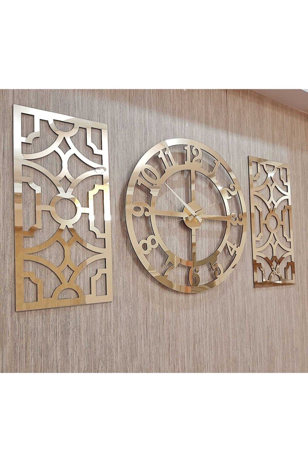 Tuğbart Duvar Saati 40x40 + Yan Dekor 2�li 19x42 MDF Aynalı Pleksi Gold Tuğbart Duvar Saati 40x40 + Yan Dekor 2�li 19x42 MDF Aynalı Pleksi Gold