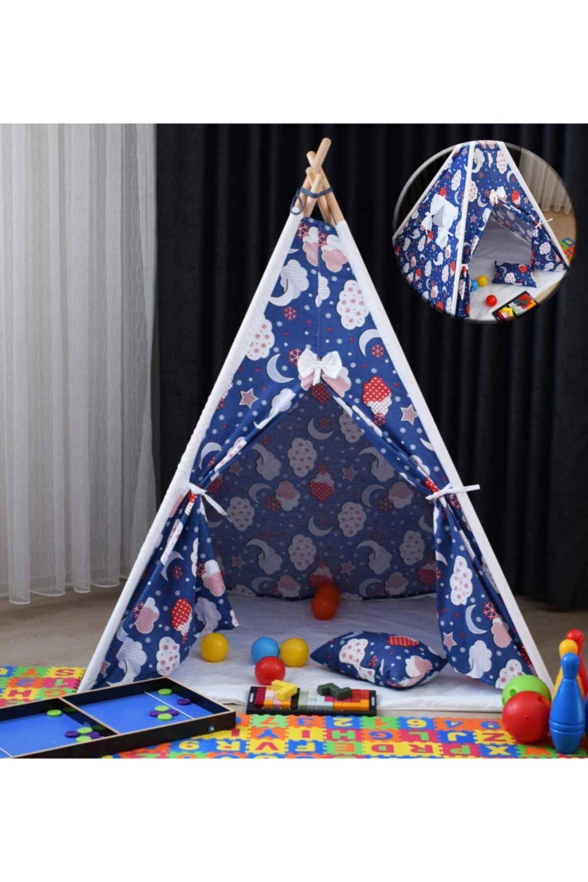 miniks Pamuklu Ahşap Çocuk Oyun Çadırı Evi Kızılderili Çadırı Yastık