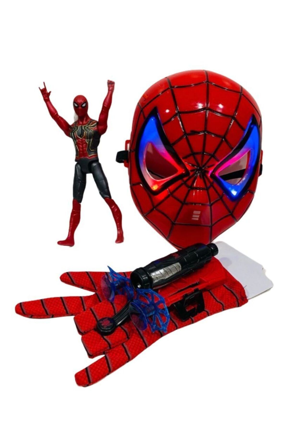 Spiderman Ağ Atan Eldiven+ışıklı Maske+18 Cm Işıklı Figür 3 Lü Set Oyuncak
