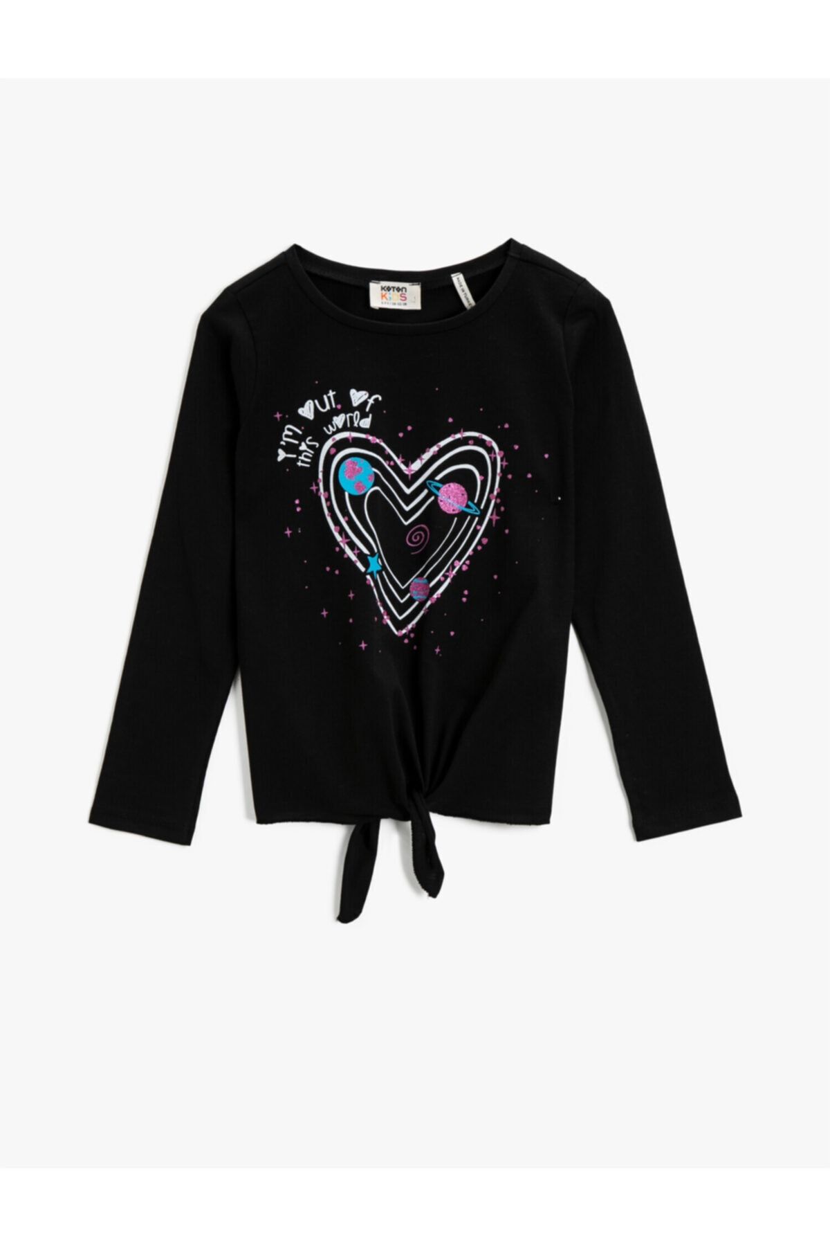 Koton Kız Çocuk Siyah Baskılı T-Shirt Uzun Kollu Pamuklu