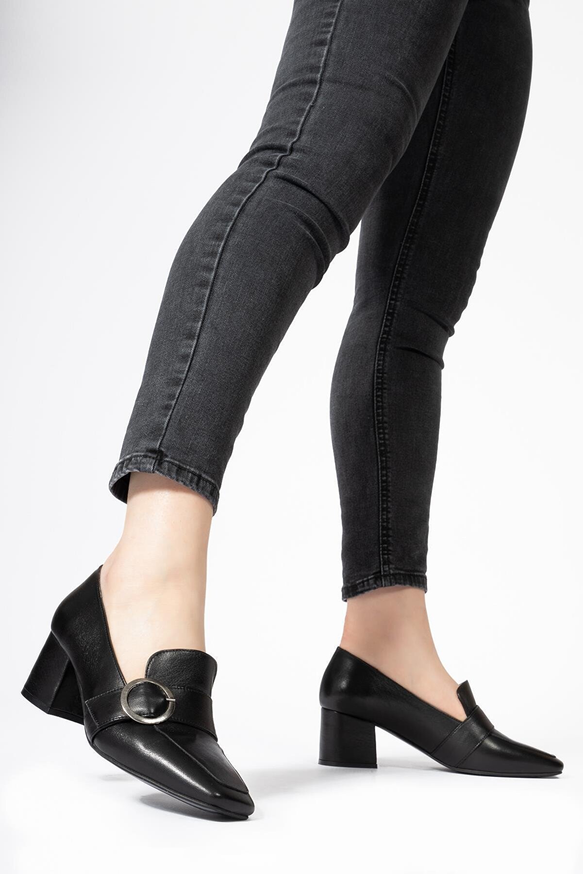 CZ London Hakiki Deri Kadın Kalın Topuklu Ayakkabı Casual Tokalı Loafer