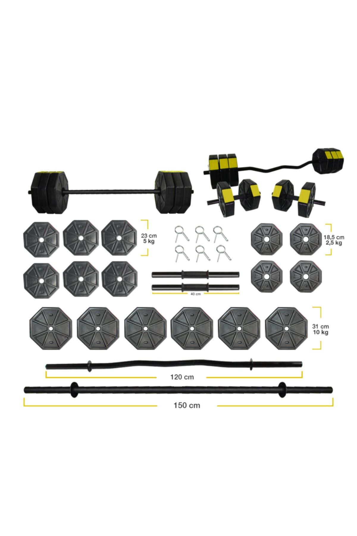 TAN SPOR 100 Kg Düz Bar (150 CM) Z Bar (120 CM) Dambıl-ağırlık-halter– Full Set Sarı Kapaklı