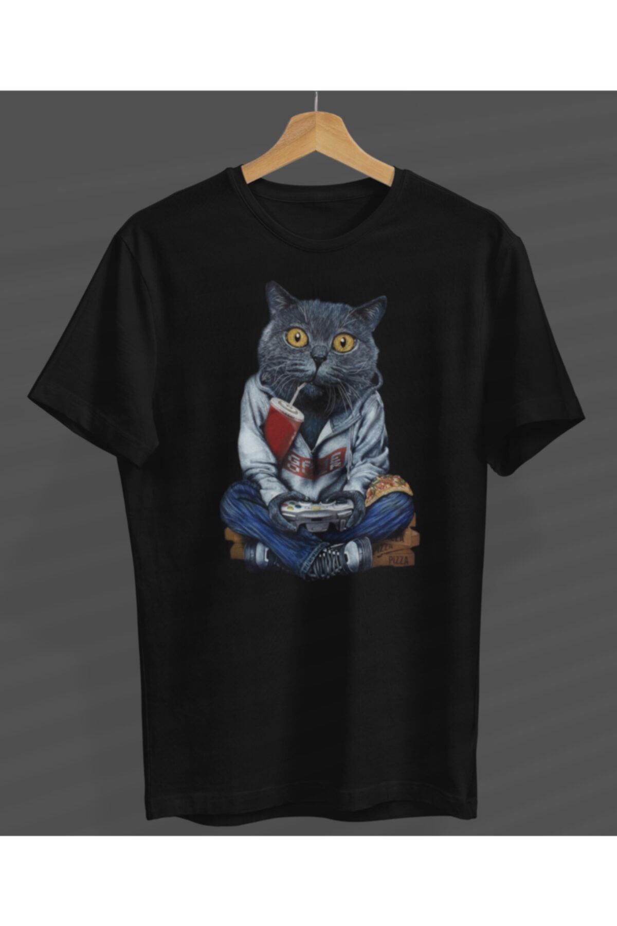 NOVUMUS Unisex Game Play Kedi Özel Tasarım Siyah Yuvarlak Yaka T-shirt