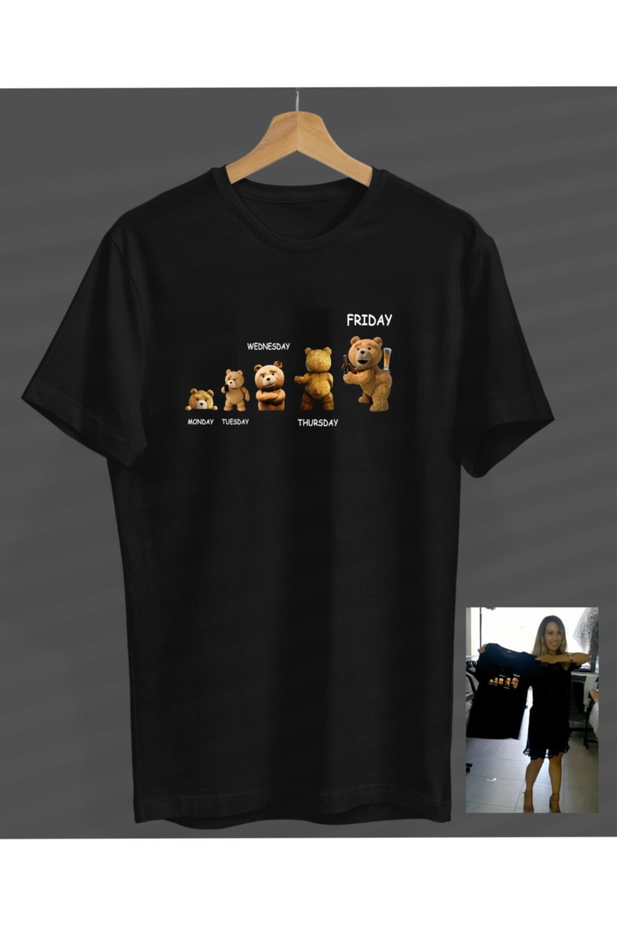 NOVUMUS Unisex Kadın-erkek Haftanın Çılgın Günleri Bira Tasarım Siyah Yuvarlak Yaka T-shirt