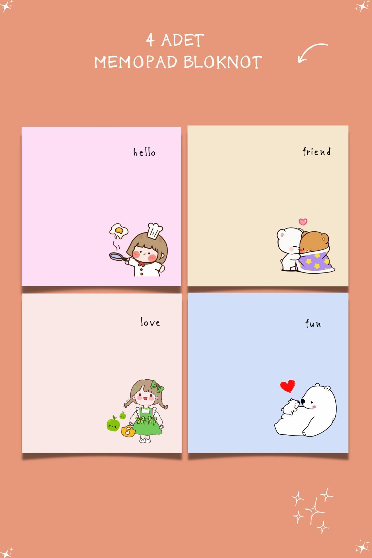 PastelSanat 4'lü Cartoon Kawaii Memopad , Bloknot , To do List , Notepad , Planlayıcı Seti