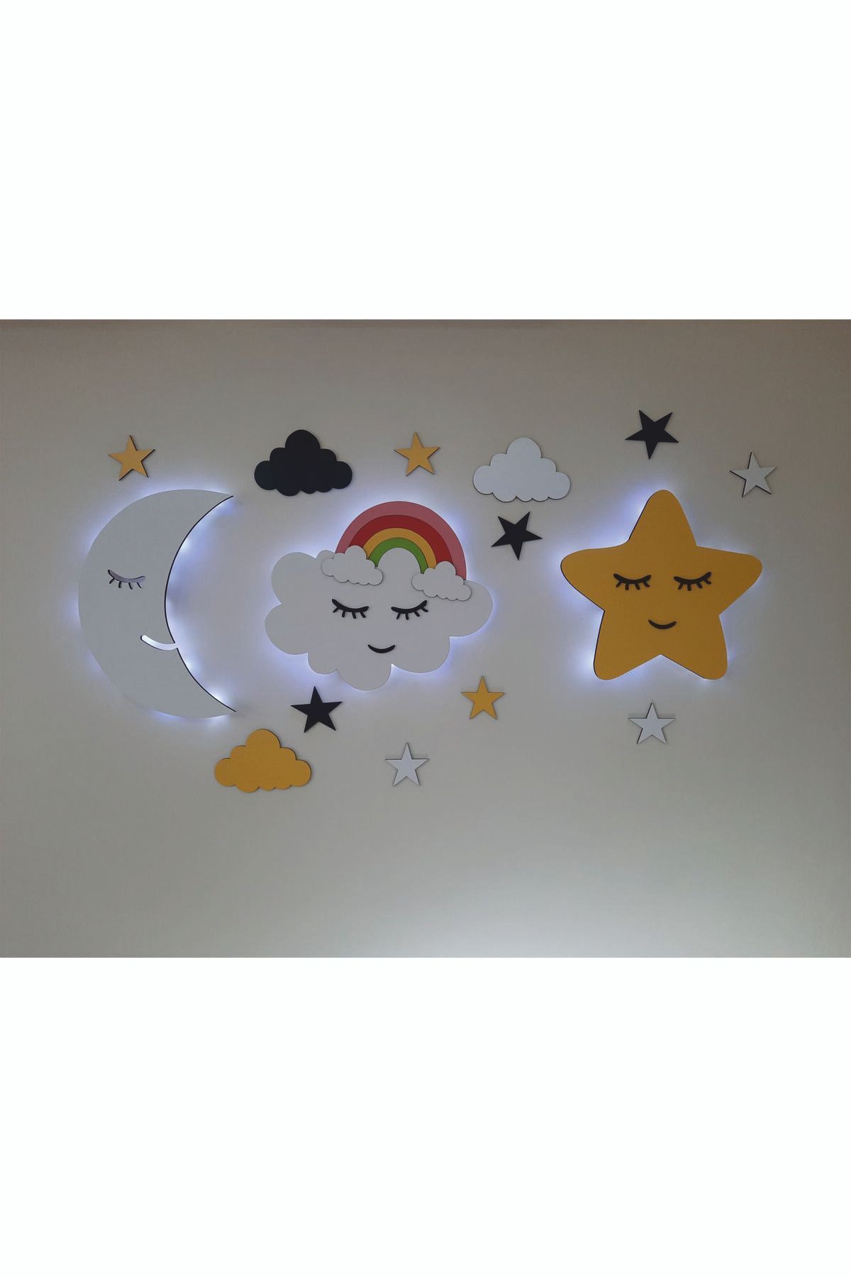 Lowenart Çocuk Odası Dekoratif Ahşap Ay Gökkuşağı Bulut Yıldız Gece Lambası Ledli Aydınlatma