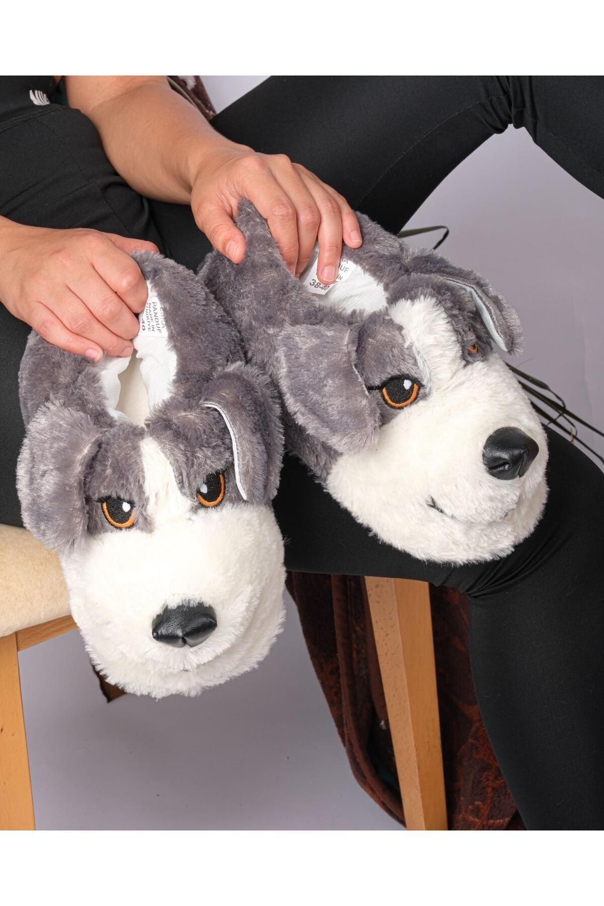 Erepia Unisex Füme Tüylü Köpek Figürlü Kaymaz Taban Pofuduk Peluş Patik  Ev Botu Rahat Panduf