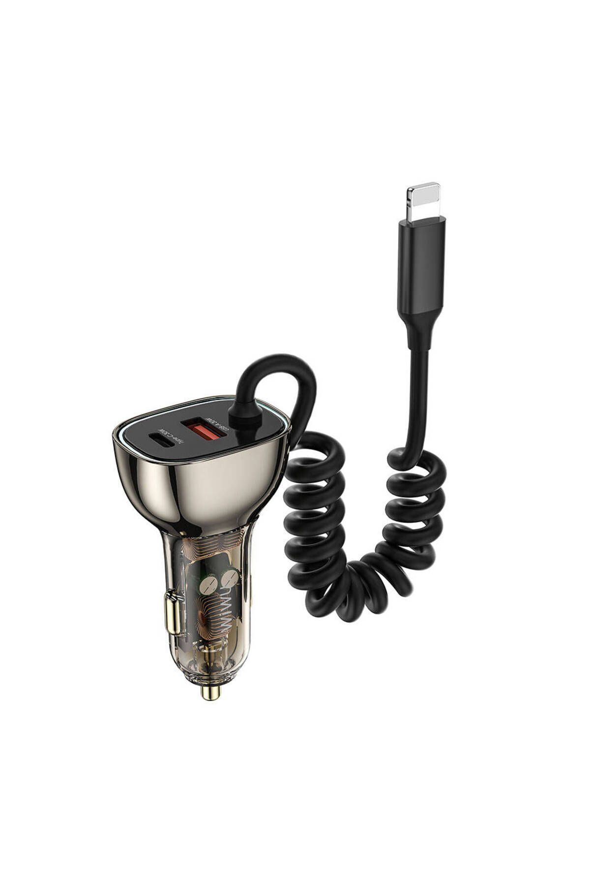 WIWU Kablolu Araç Şarj Aleti 90W Wi-QC019 Geek Serisi Type-C + Lightning Kablolu + USB-A Hızlı Şarj