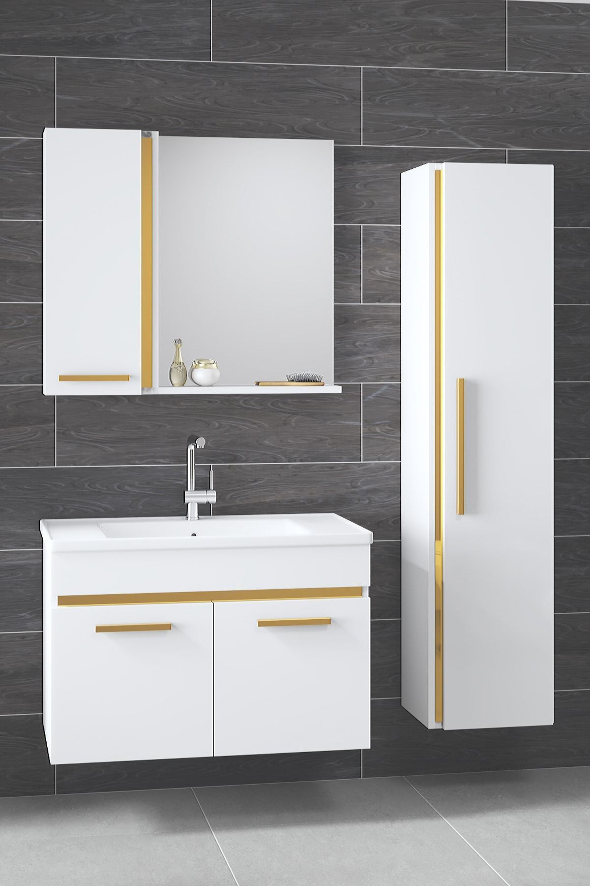 Alfa Banyo Yeni Gold Beyaz (80 35) 115 Cm Aynalı Boy Dolaplı Lavabolu Mdf Banyo Dolabı Seti**hazır Kurulu**