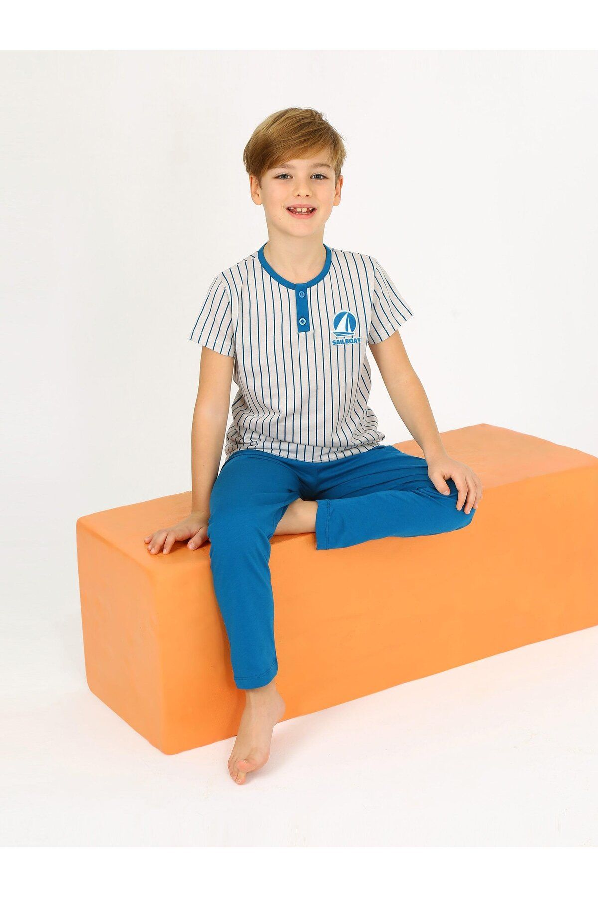 vitmo Erkek Çocuk Kısa Kollu %100 Pamuklu Düğme Detaylı Sailboat Pijama Takımı