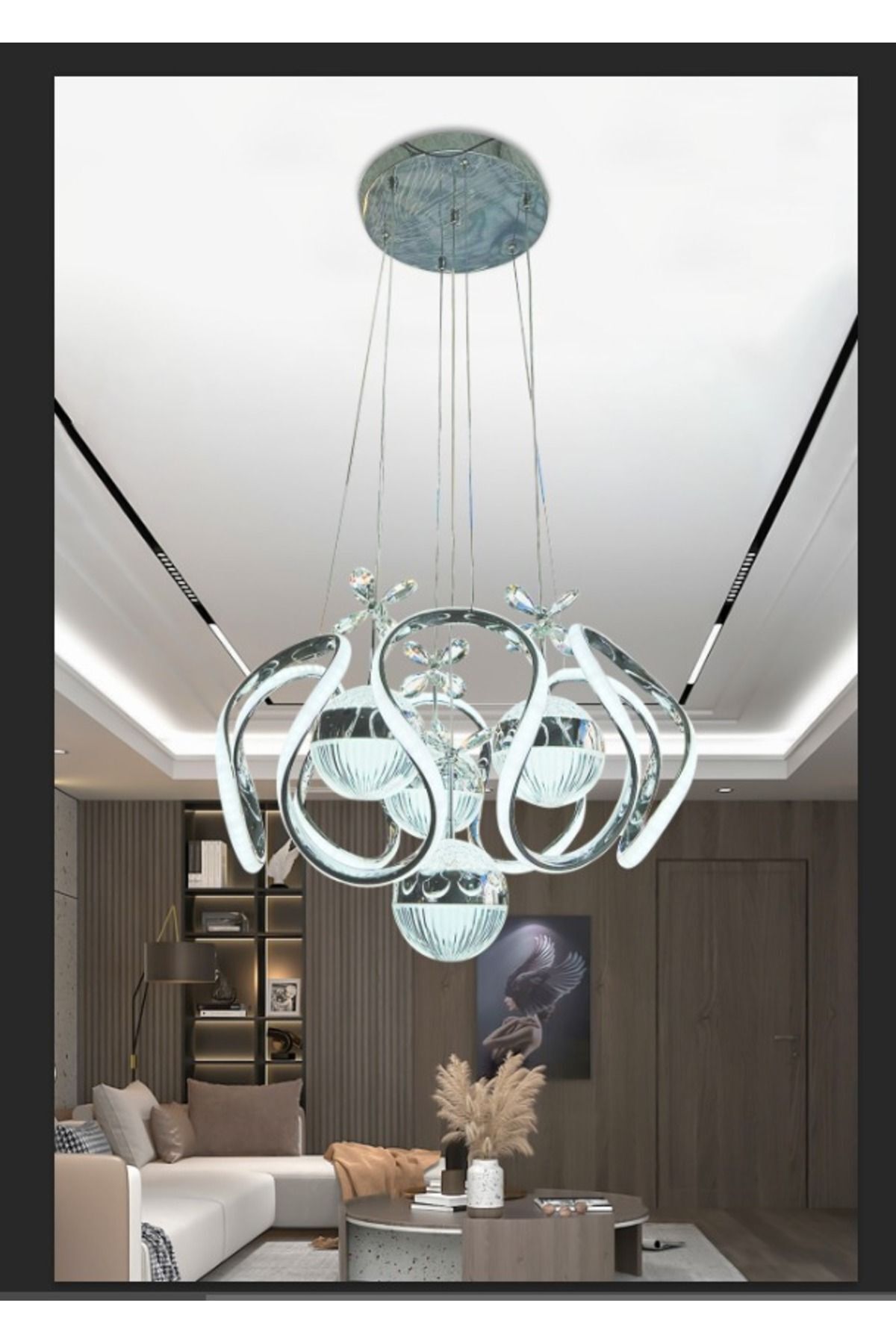 DEKORLİVE Modern 3 Renkli Salon Sarkıt Led Avize, Toplu Kelebekli Gümüş Nikelaj Kaplama Ledli Avize