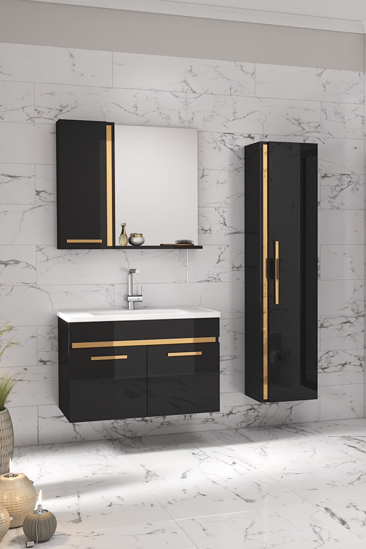 Alfa Banyo Yeni Gold Siyah (80 35) 115 Cm Aynalı Boy Dolaplı Lavabolu Mdf Banyo Dolabı Seti**hazır Kurulu**