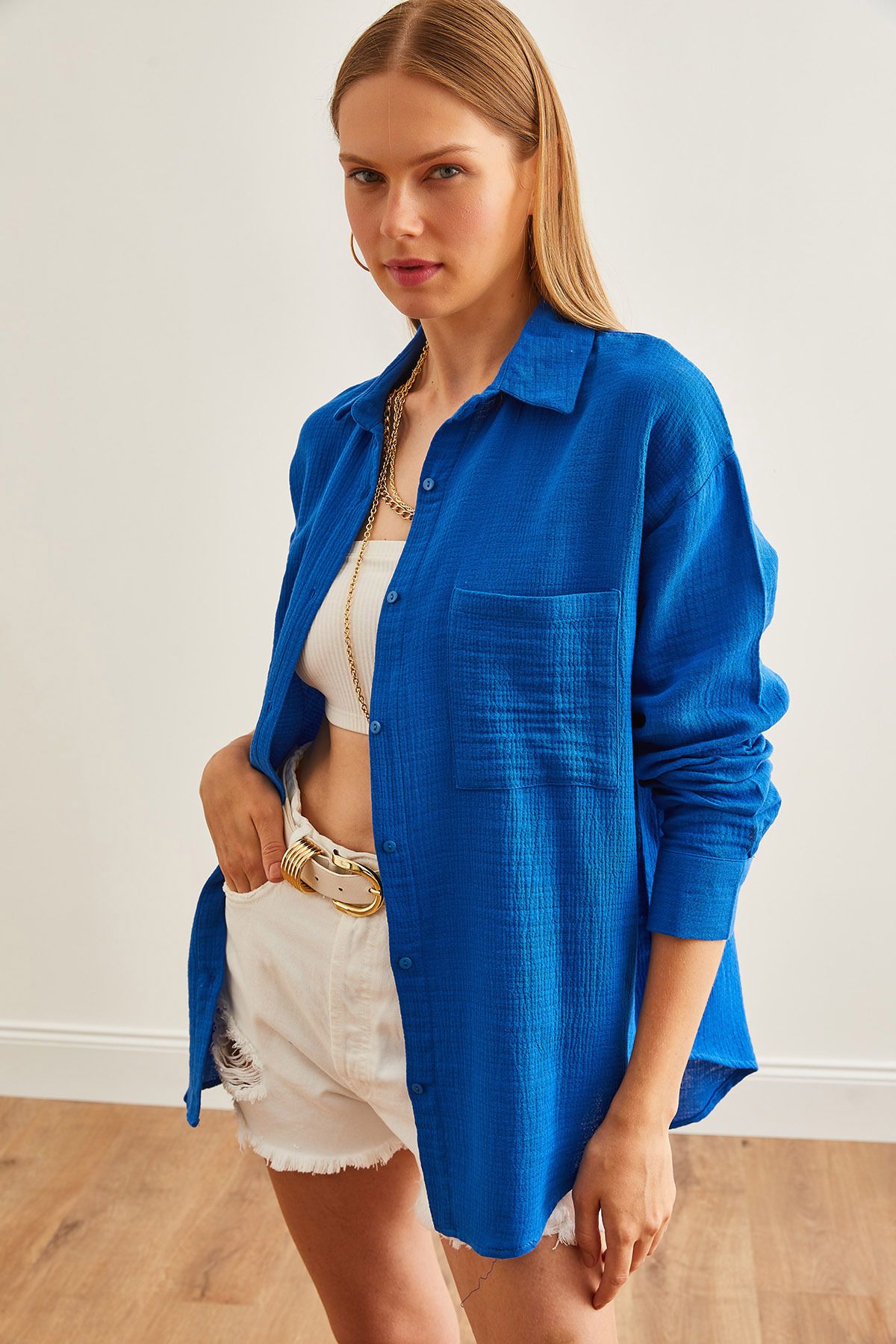Olalook Kadın Saks Mavi Oversize Basic Müslin Gömlek GML-19001217