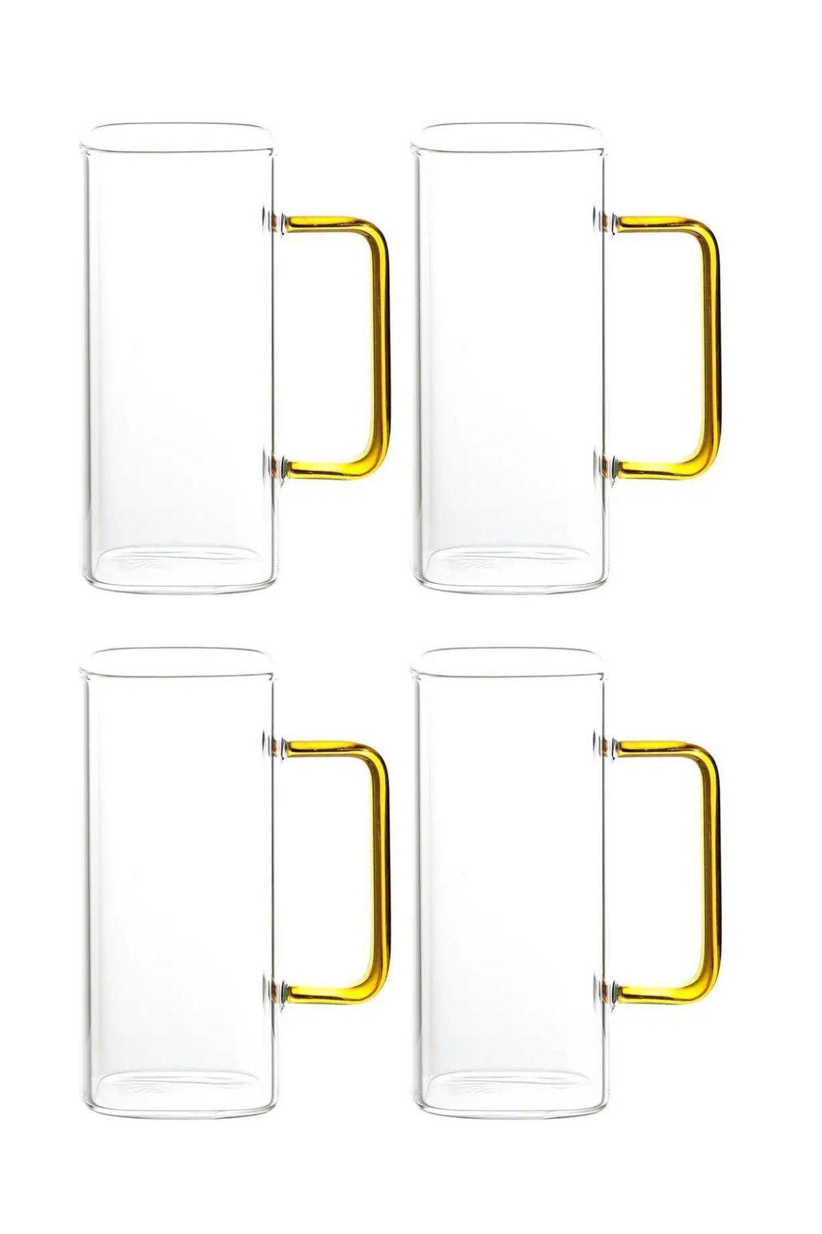 Kitchen Design Lab Yeni Nesil Kare Cam Sarı Kulplu Latte,meşrubat,nescafe,süt,su Bardağı 350 ml 4 Adet