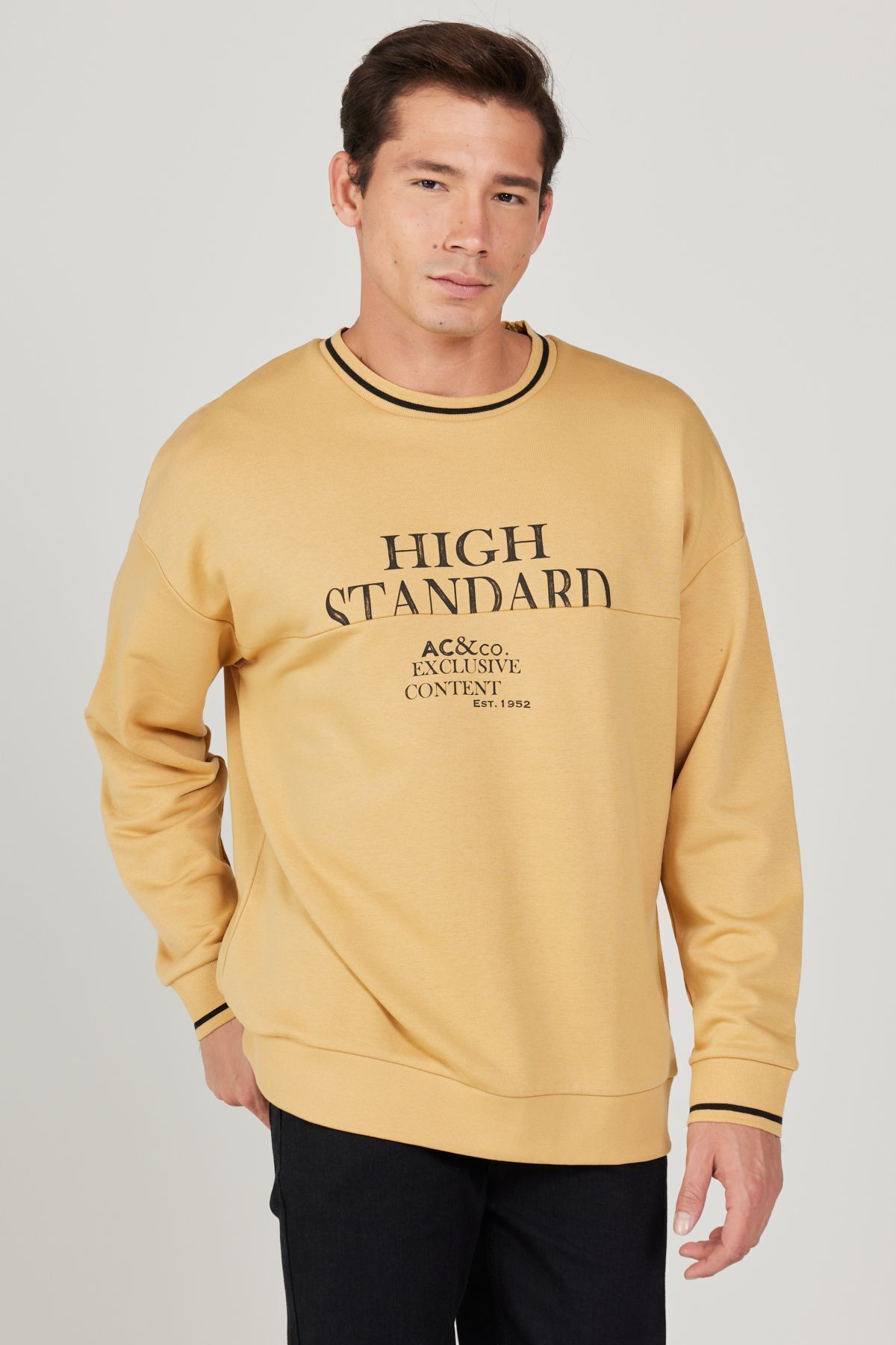 AC&Co / Altınyıldız Classics Erkek Hardal Oversize Bol Kesim Içi Polarlı 3 Iplik Bisiklet Yaka Pamuklu Sweatshirt