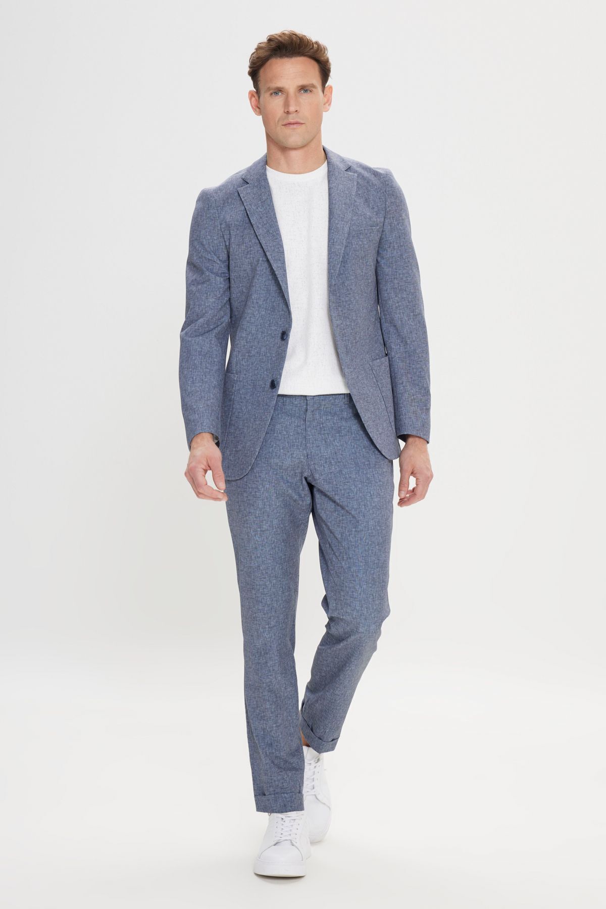 Altınyıldız Classics Erkek Lacivert Slim Fit Dar Kesim Mono Yaka Beli Bağlamalı Desenli Takım Elbise