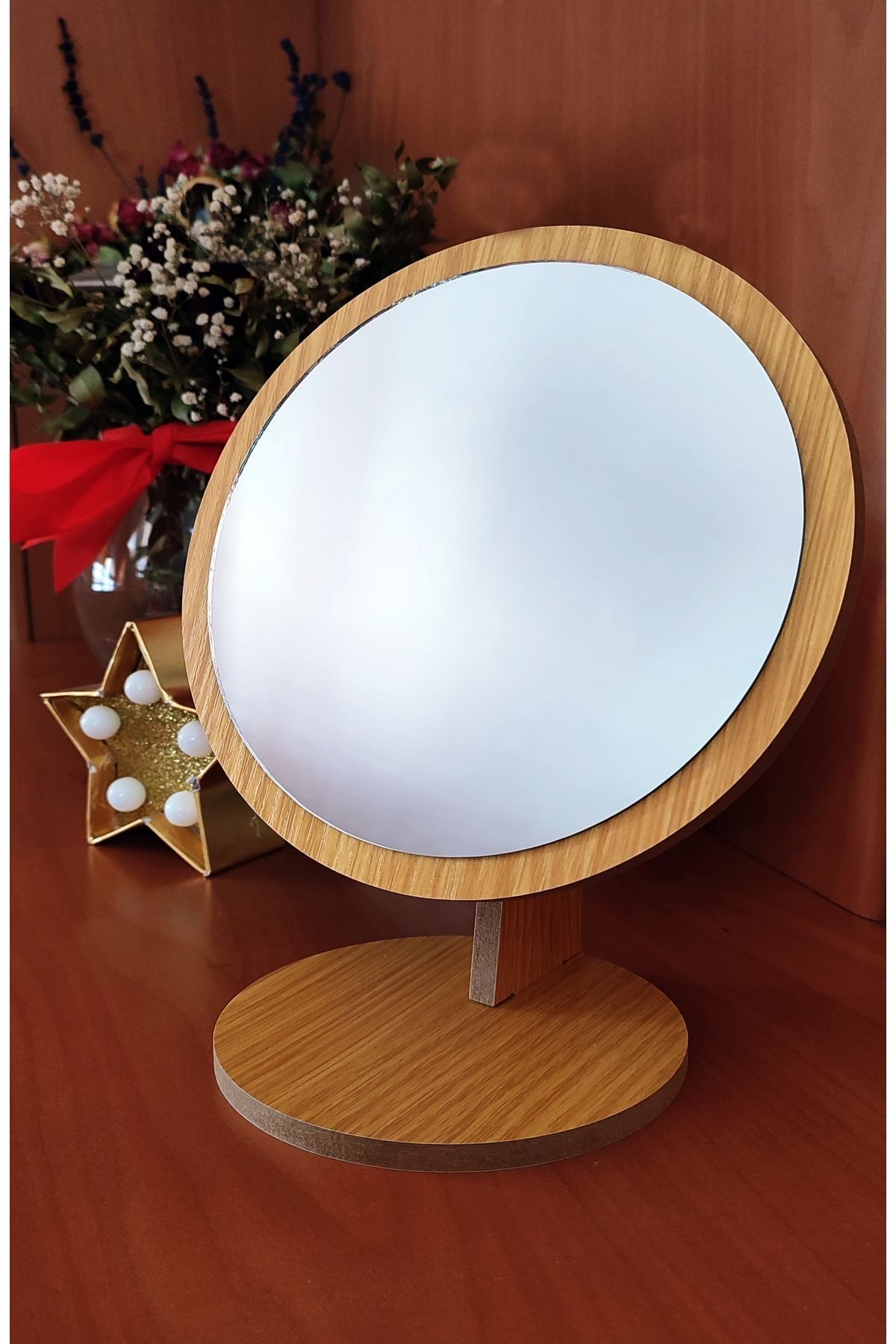 gaman Masaüstü Ayna Eğimi Ayarlanabilir Geçmeli 22 Cm Yuvarlak Görünümlü Ahşap Makyaj Cilt Bakımı Ayna