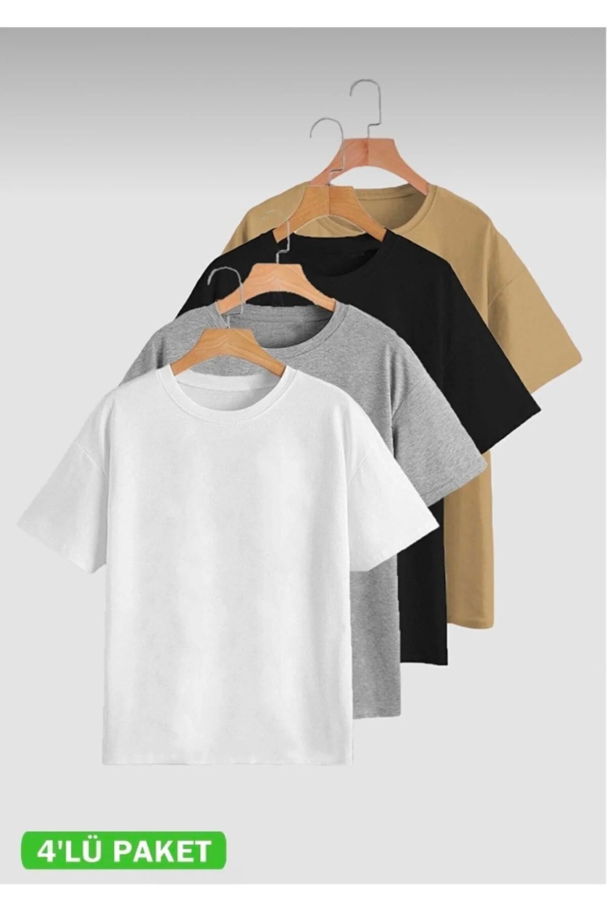 JAKARLI Unisex 4’lü Hazır Paket Siyah - Gri - Beyaz - Kahve Slimfitt T-shirt