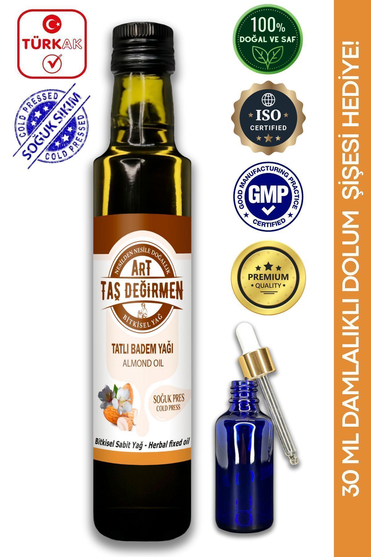 Art Taş Değirmen Badem Yağı %100 Saf, Doğal [250 Ml] Tatlı Badem Yağı Soğuk Sıkım (30 ML DOLUM ŞİŞESİ HEDİYE!)