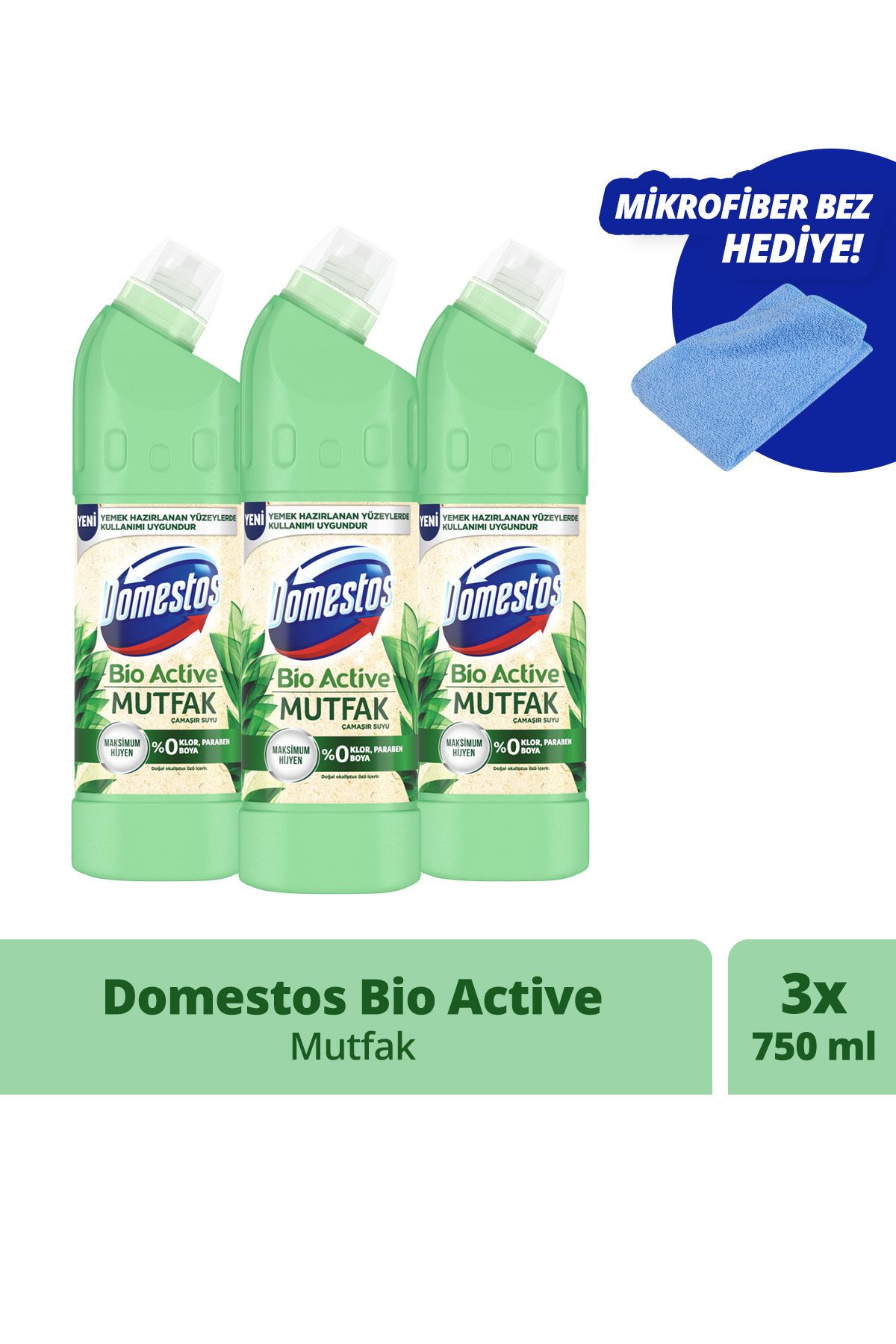 Domestos Çamaşır Suyu Bio Active Mutfak Maksimum Hijyen 750 ml X3 Mikrofiber Bez Hediye