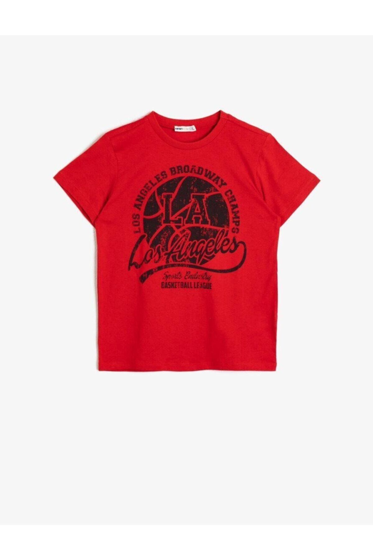 Koton Erkek Çocuk Kırmızı Baskılı Pamuklu Kisa Kollu Bisiklet Yaka T-Shirt