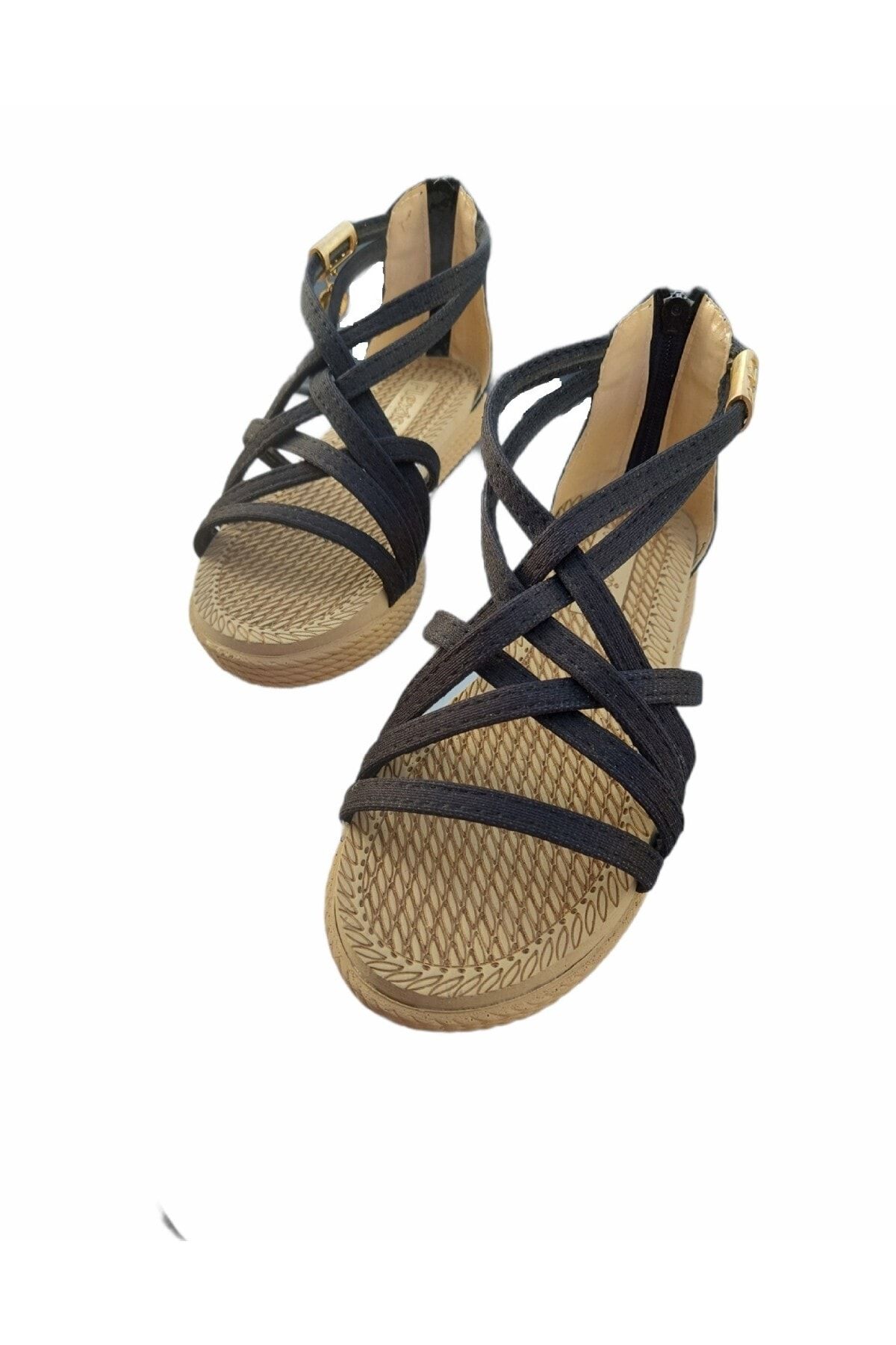 Mısra sandalet Hasır Görünümlü Fermuarlı Yumuşak Taban Sandalet
