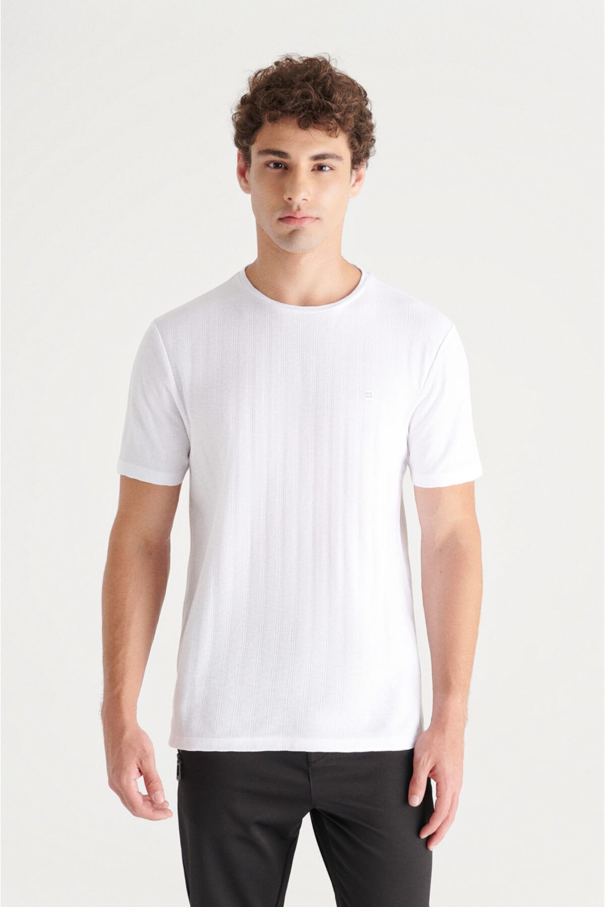 Avva Erkek Beyaz Bisiklet Yaka Jakarlı Slim Fit T-shirt A11y1203