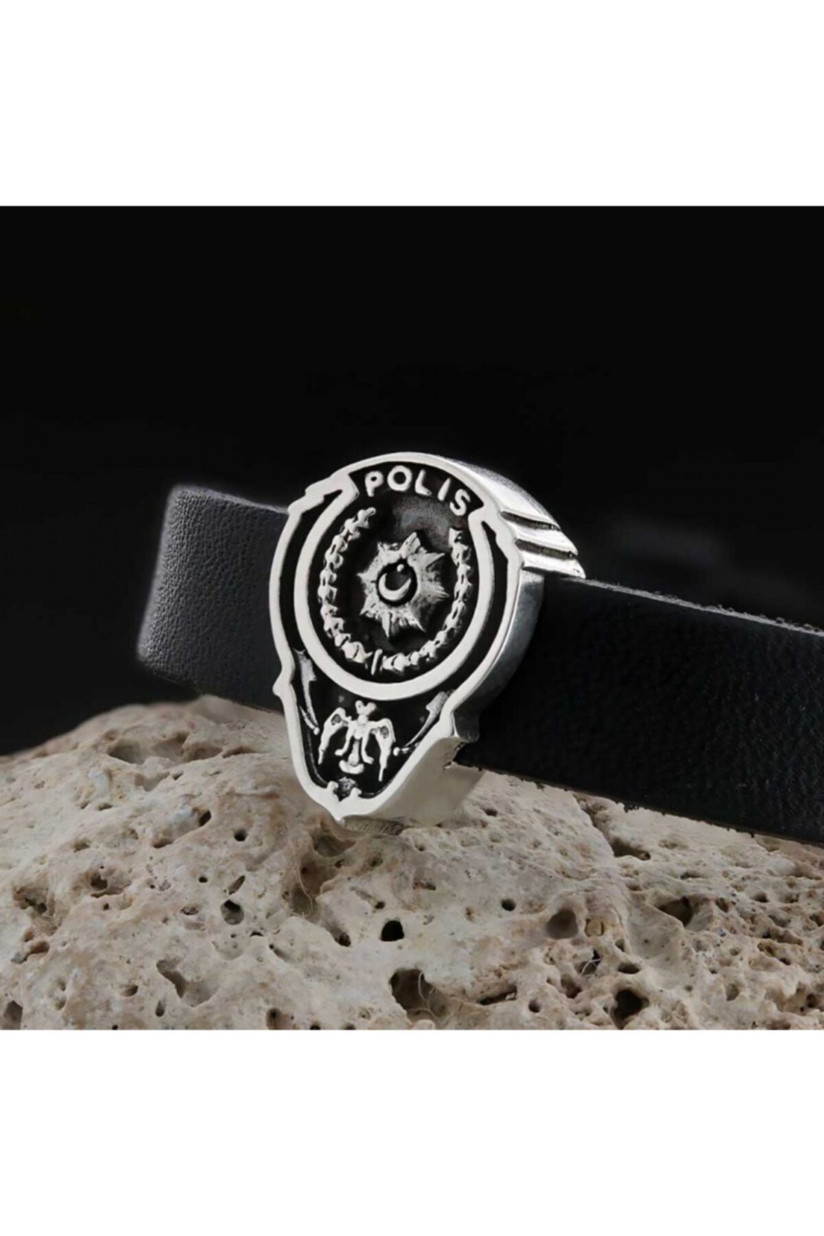 ELMAS İŞ Polis Armalı Özel Tasarım 925 Ayar Siyah Deri Gümüş Bileklik