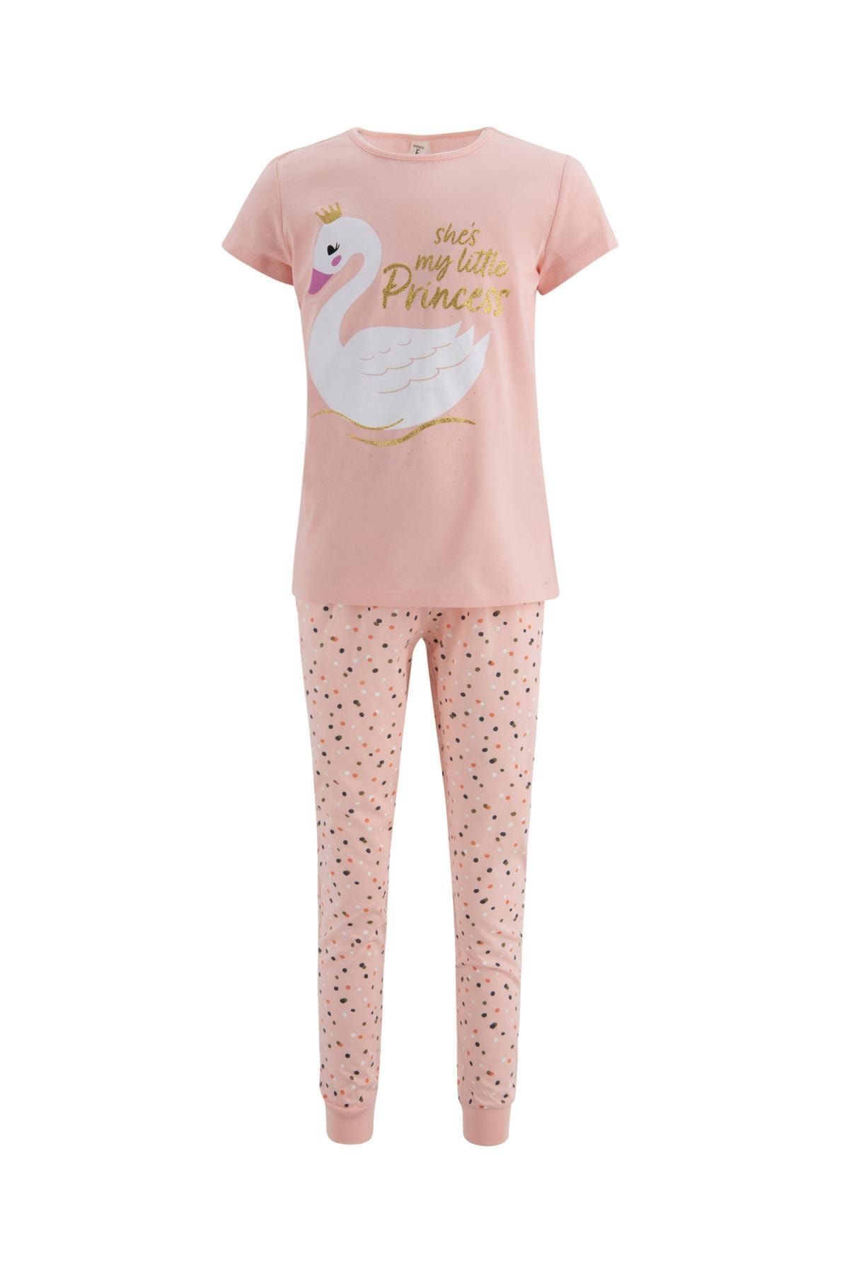 Defacto Kız Çocuk Prenses Kuğu Baskılı Kısa Kol Pijama Takımı T6619A621SP