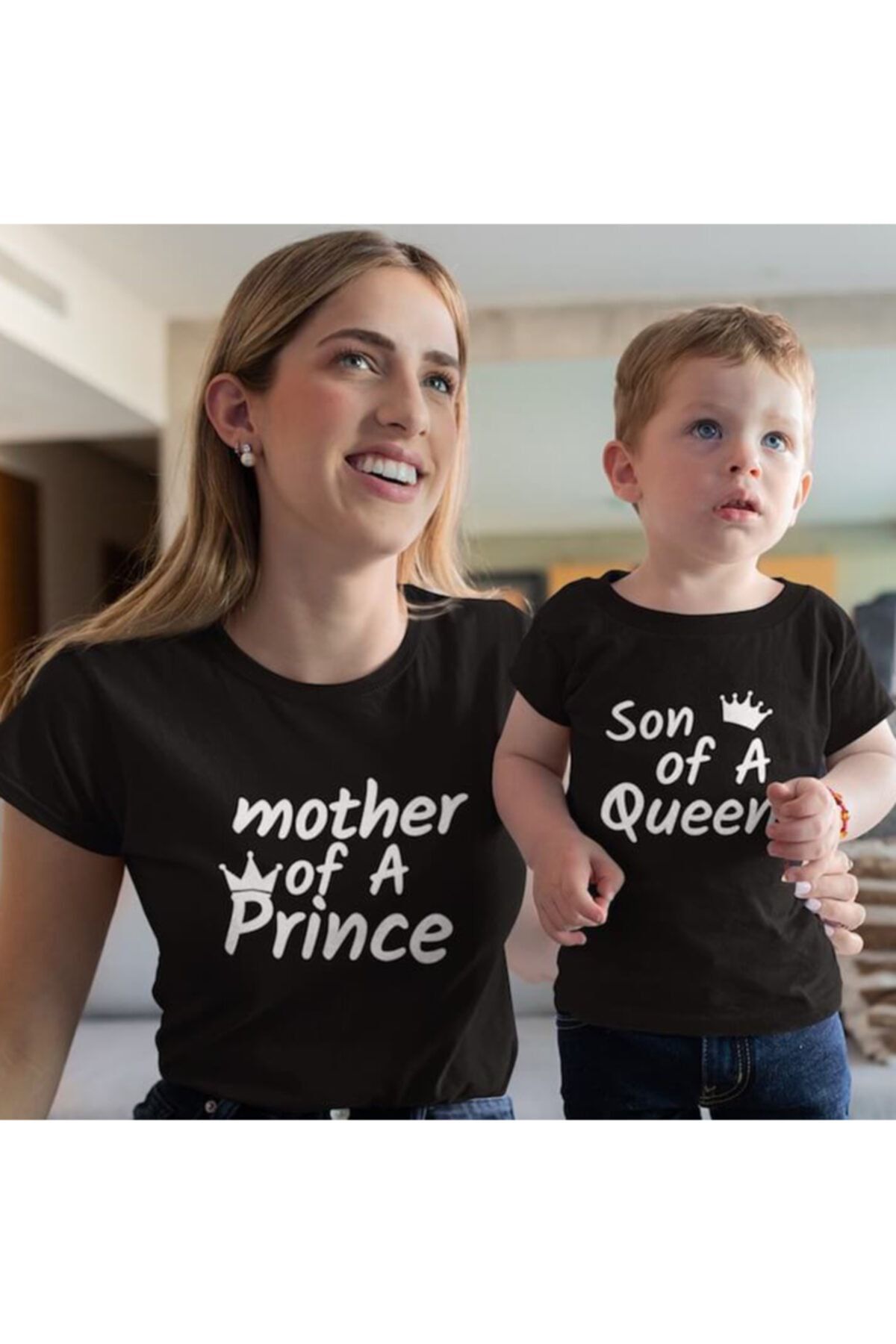 HediyeMania Anne Oğul Tişört Kombini Mother Of Prince Son Of Queen Baskılı Pamuklu Siyah T-shirt Kombini