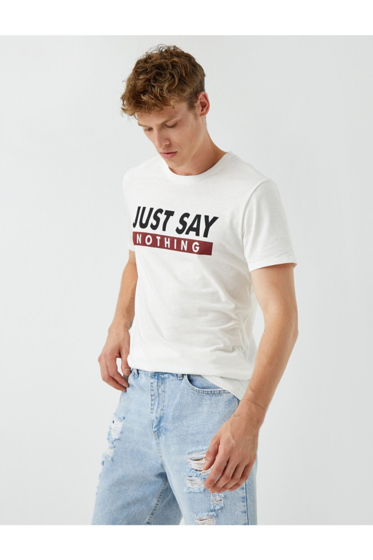 Koton Erkek Ekru Sloganli T-Shirt Baskılı