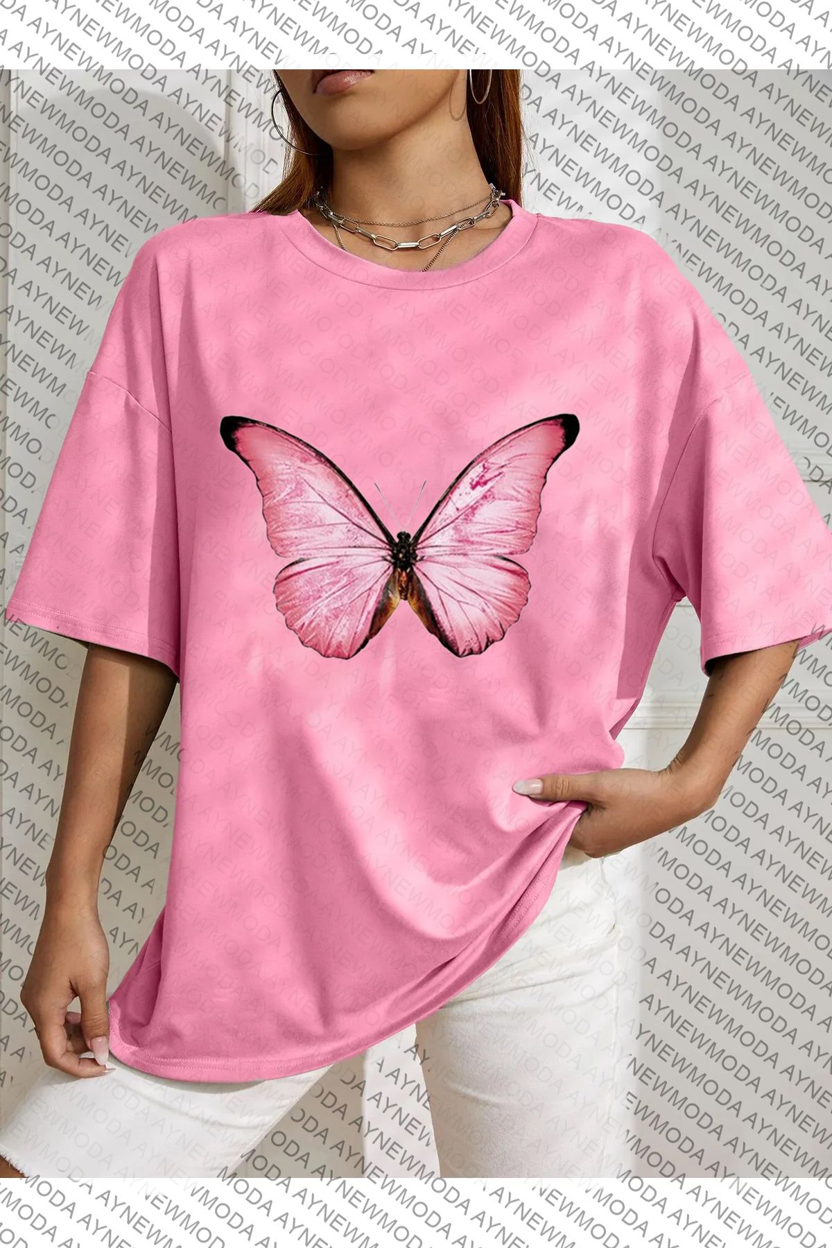 LUNAVISTA pembe  kelebek   baskılı  unisex oversize t-shirt