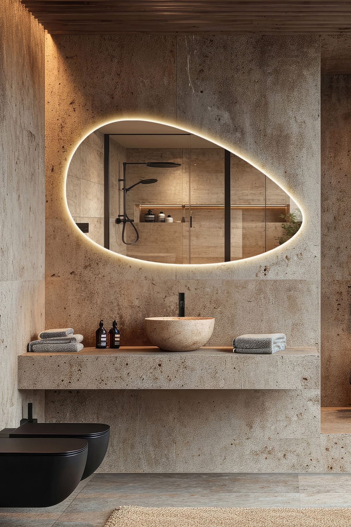 Mirze Life 60x45cm Gün Işığı Ledli Modern Banyo Aynası, Asimetrik Tasarım Led Aydınlatmalı Lavabo Aynası