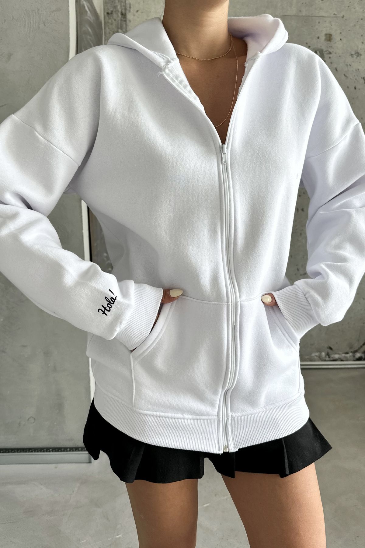 MODAGEN Unisex Beyaz Hola Baskılı Oversize Fermuarlı Hırka