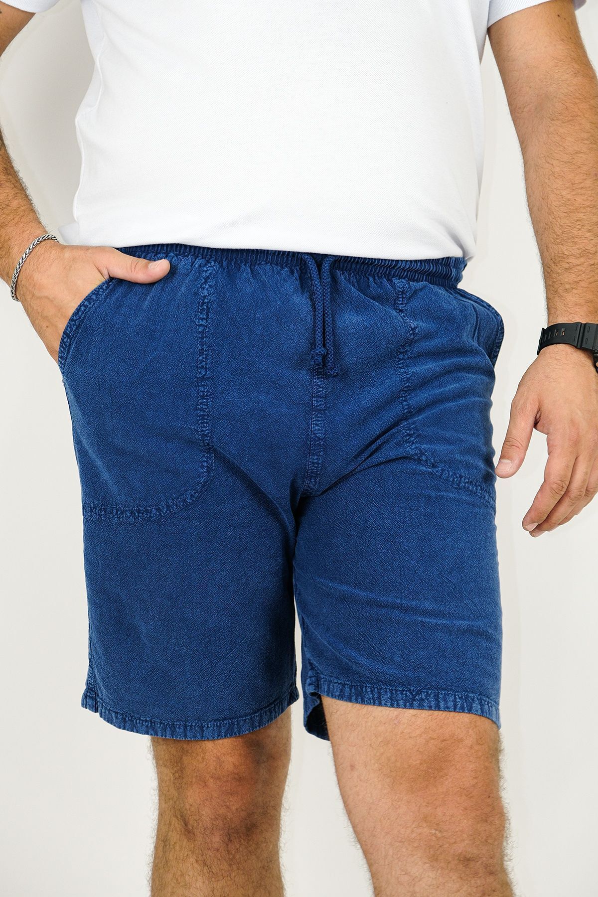 Yakamoz Tekstil Erkek Yazlık Taşlama Keten Şort Kot Mavi