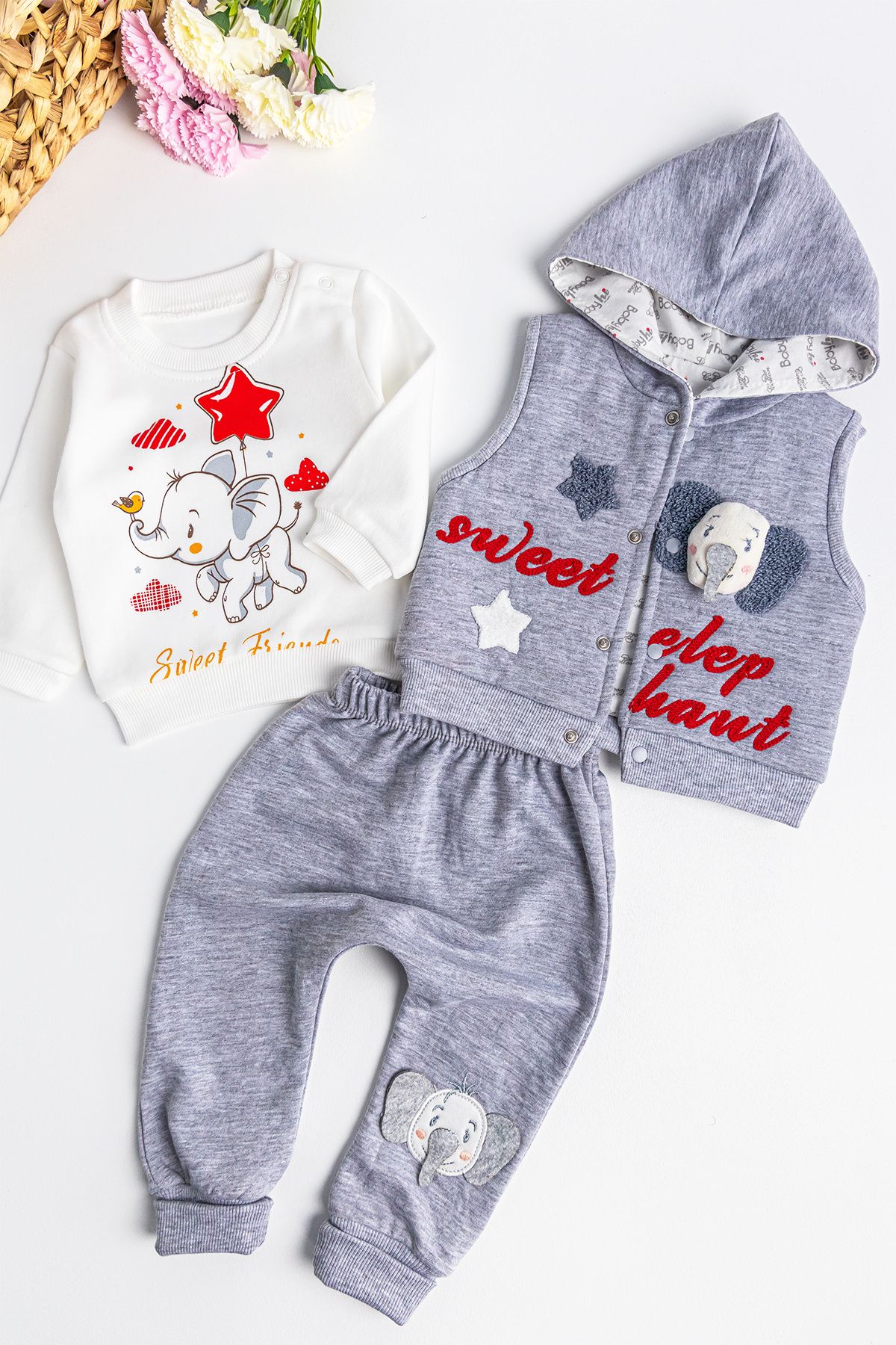 Babymod Fil Figürlü Üçlü Yelekli Kız Bebek Takım