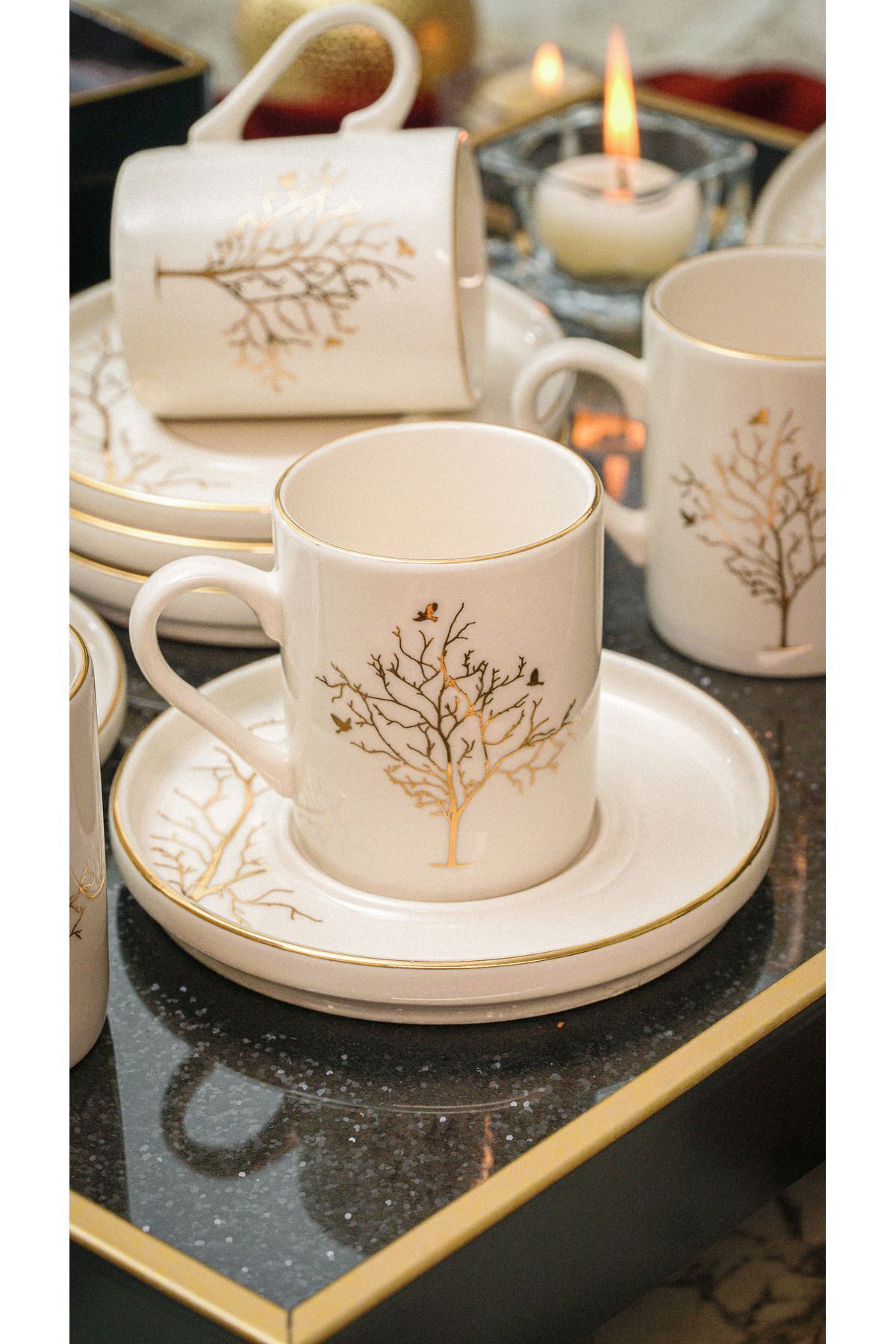 Farika Porselen Hayat Ağacı Altın Yaldız 12 Parça 6 Kişilik Porselen Kahve Fincan Takımı Kırık Beyaz