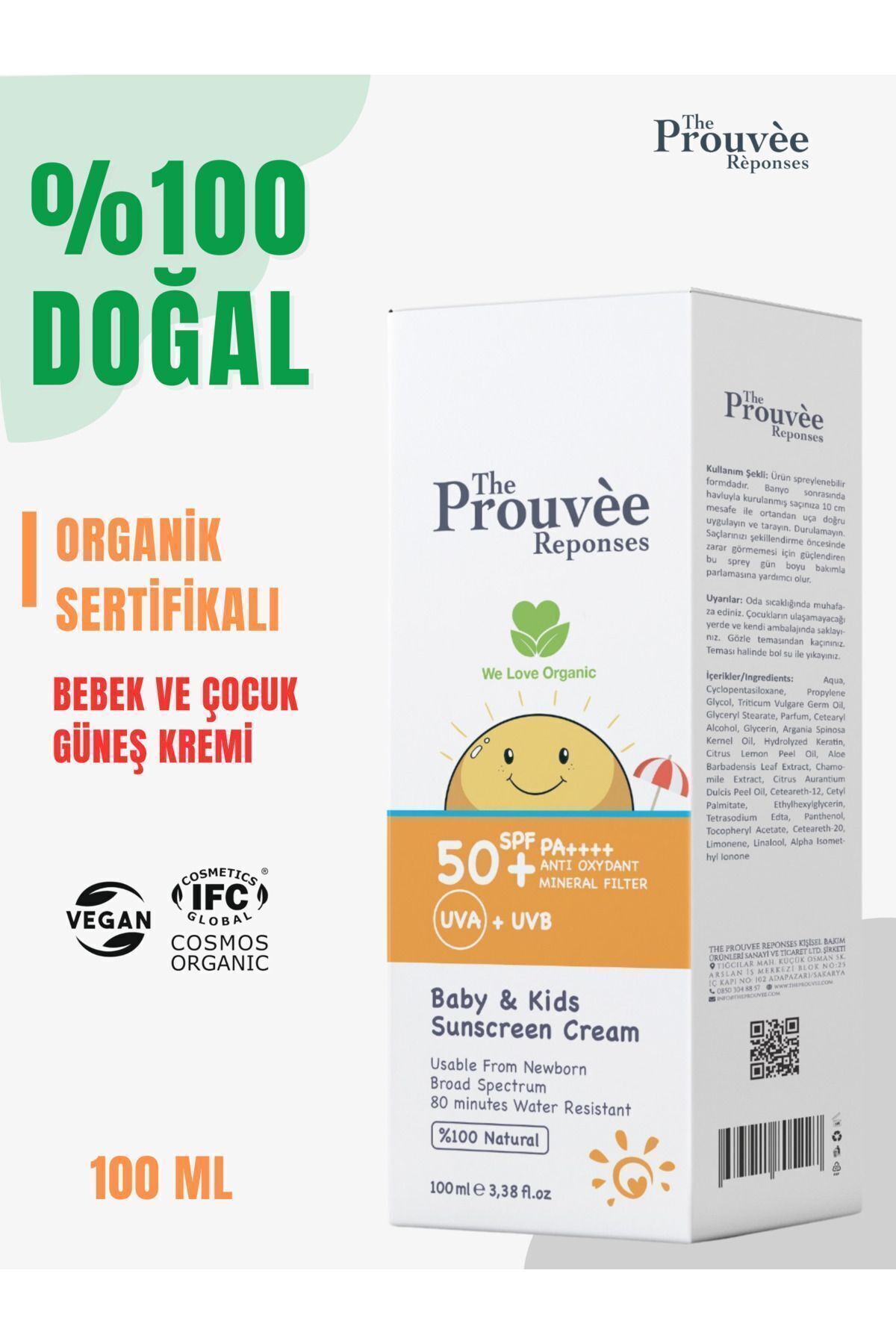 The Prouvee Reponses %100 Doğal 50 Spf Bebek Ve Çocuklar Için Organik Güneş Koruyucu Krem 100 ml