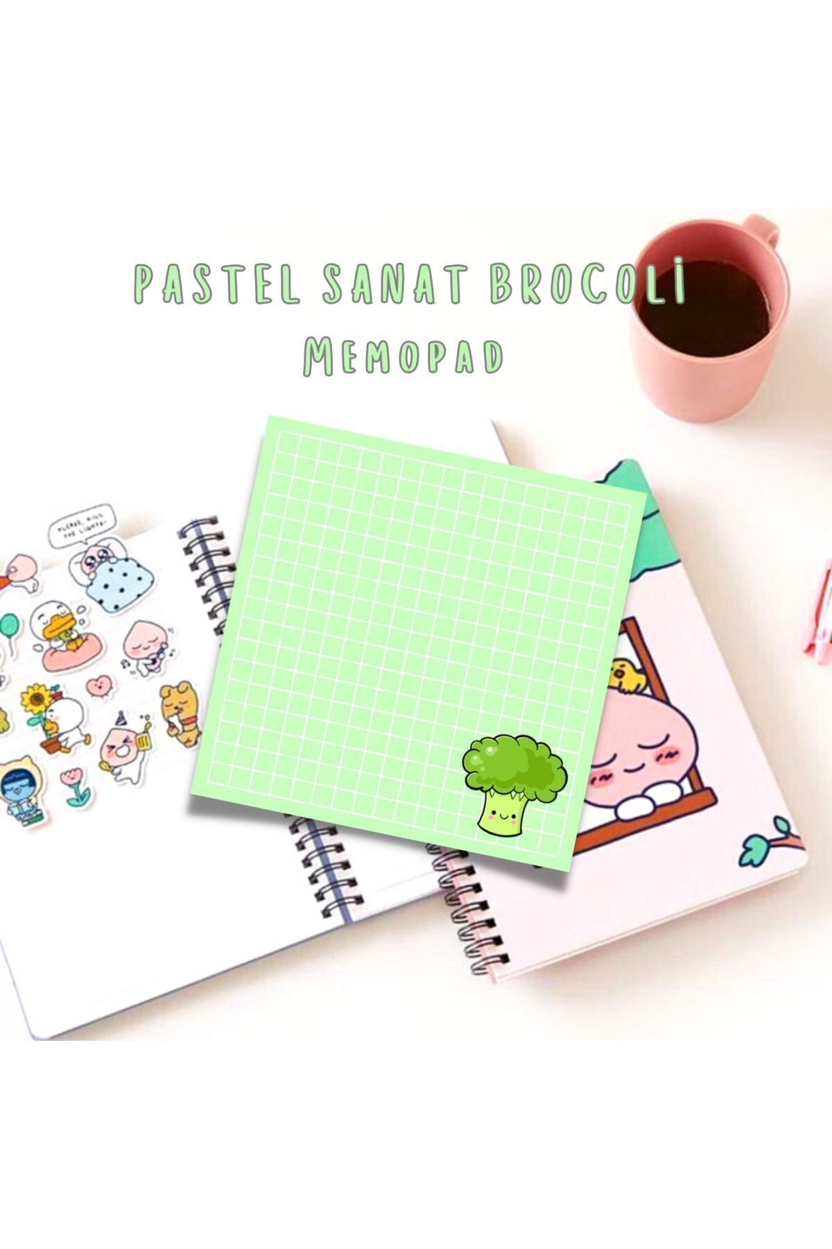 PastelSanat Kawaii Kareli Brokoli Temalı Memopad Bloknot Notepad Planlayıcı