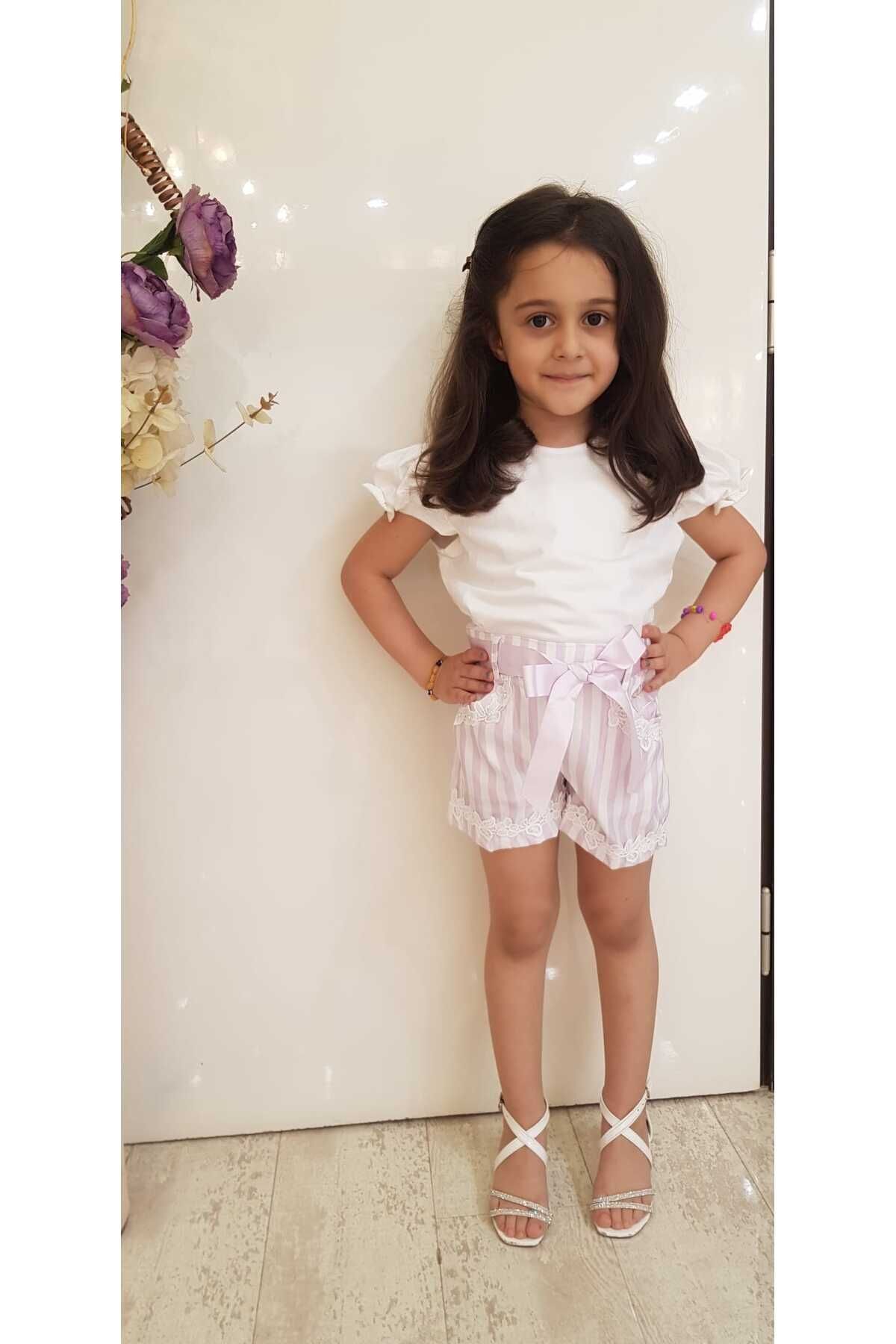 Neon Kız Çocuk Çizgili %100 Polyester Şort 1/2/3/4/5/6/7/8 Yaş