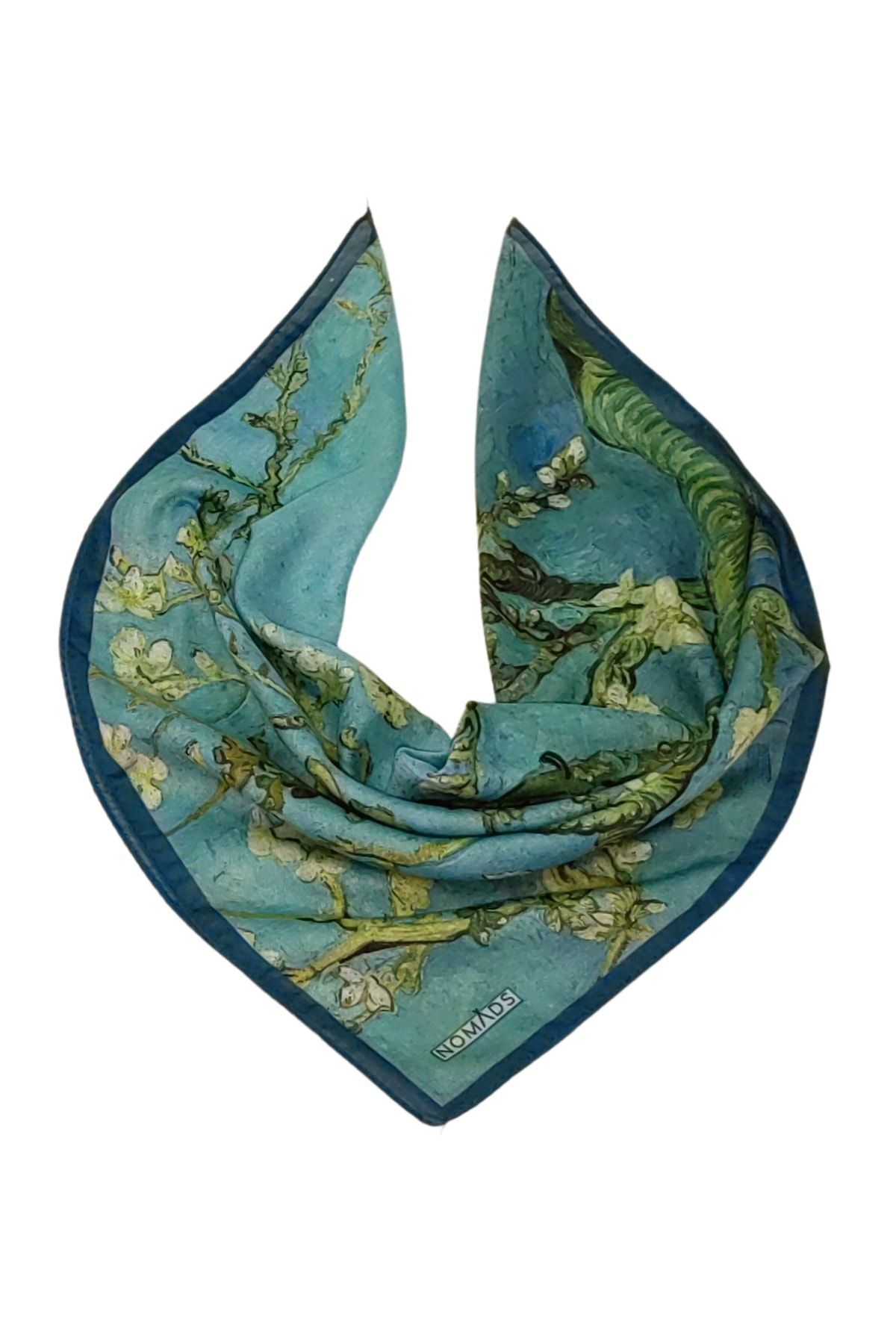 Nomads Felt Turkuaz Fular Bandana 55x55 cm | Van Gogh Badem Ağacı