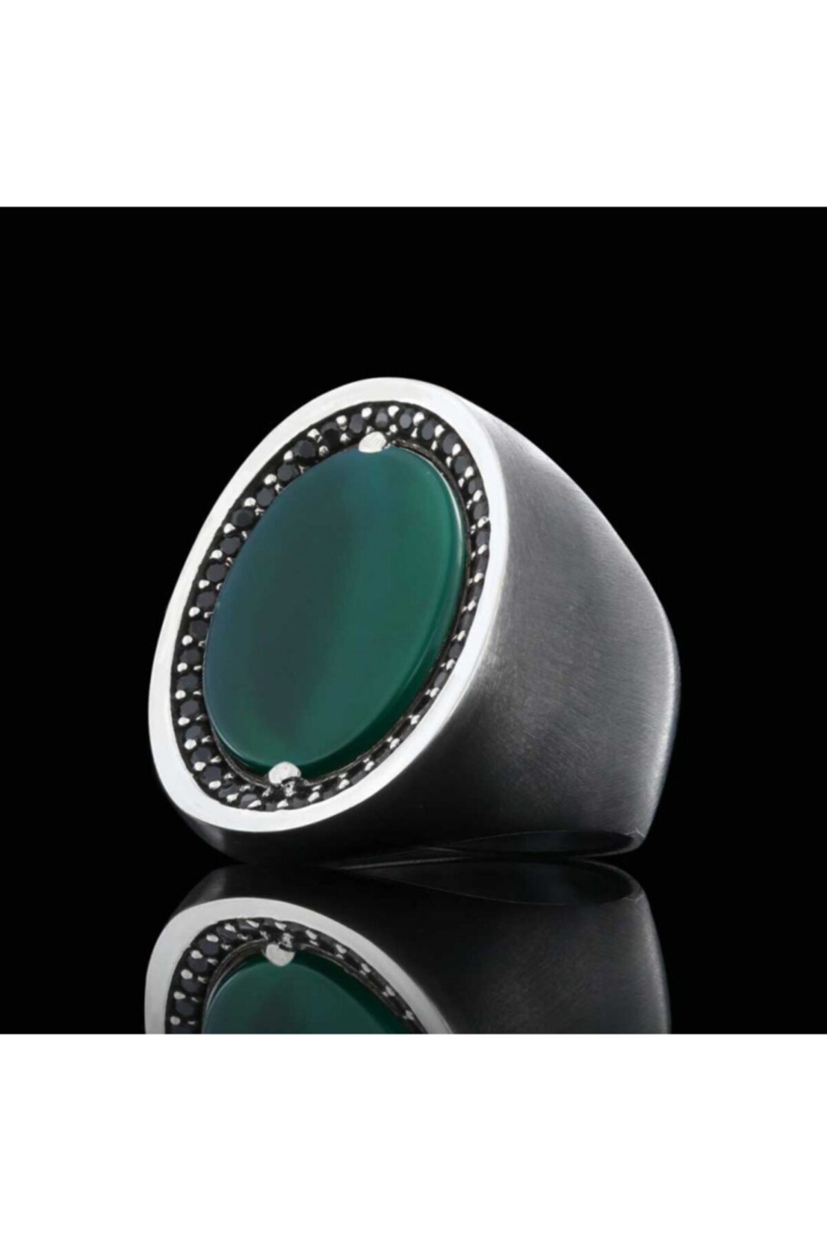 ELMAS İŞ Özel Tasarım Yeşil Akik Taşlı Siyah Rodyum Kaplama 925 Ayar Gümüş Koleksiyon Yüzük